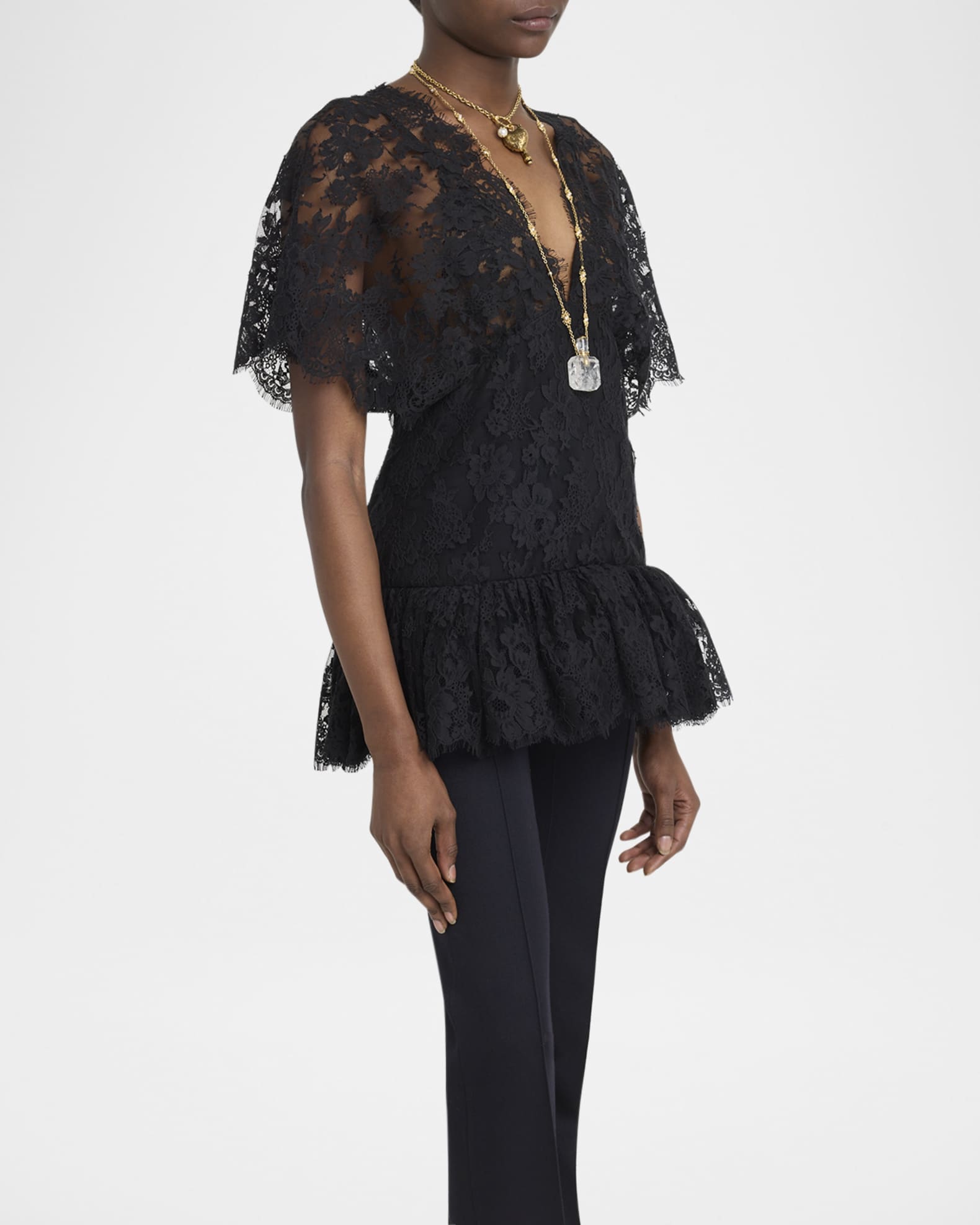 Chloe Lace Short-Sleeve Ruffle Top | Neiman Marcus