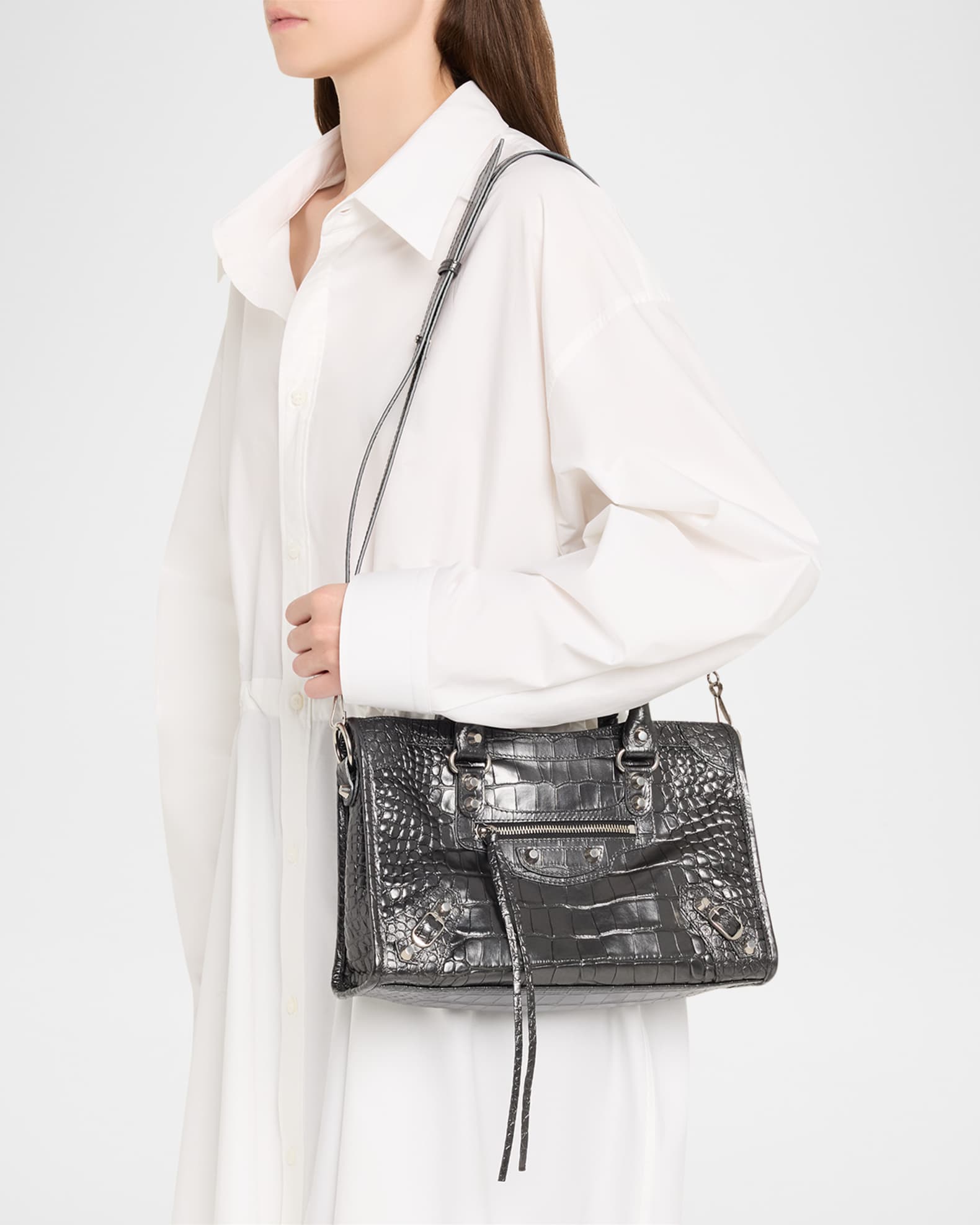 Balenciaga Le City Small Croc-Embossed Leather Top-Handle Bag