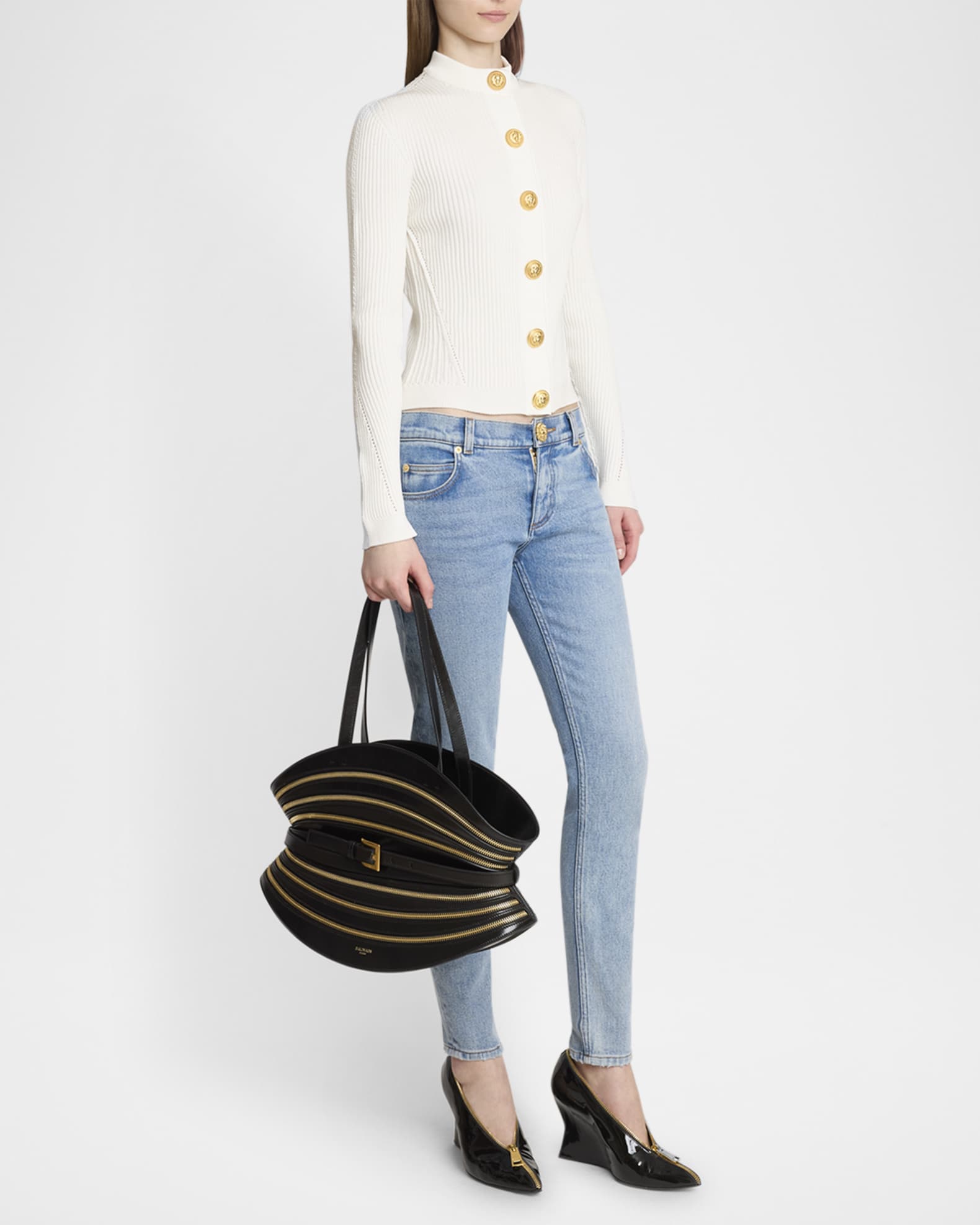 Balmain Shuffle Medium Belted Zipper Shoulder Bag in Leather