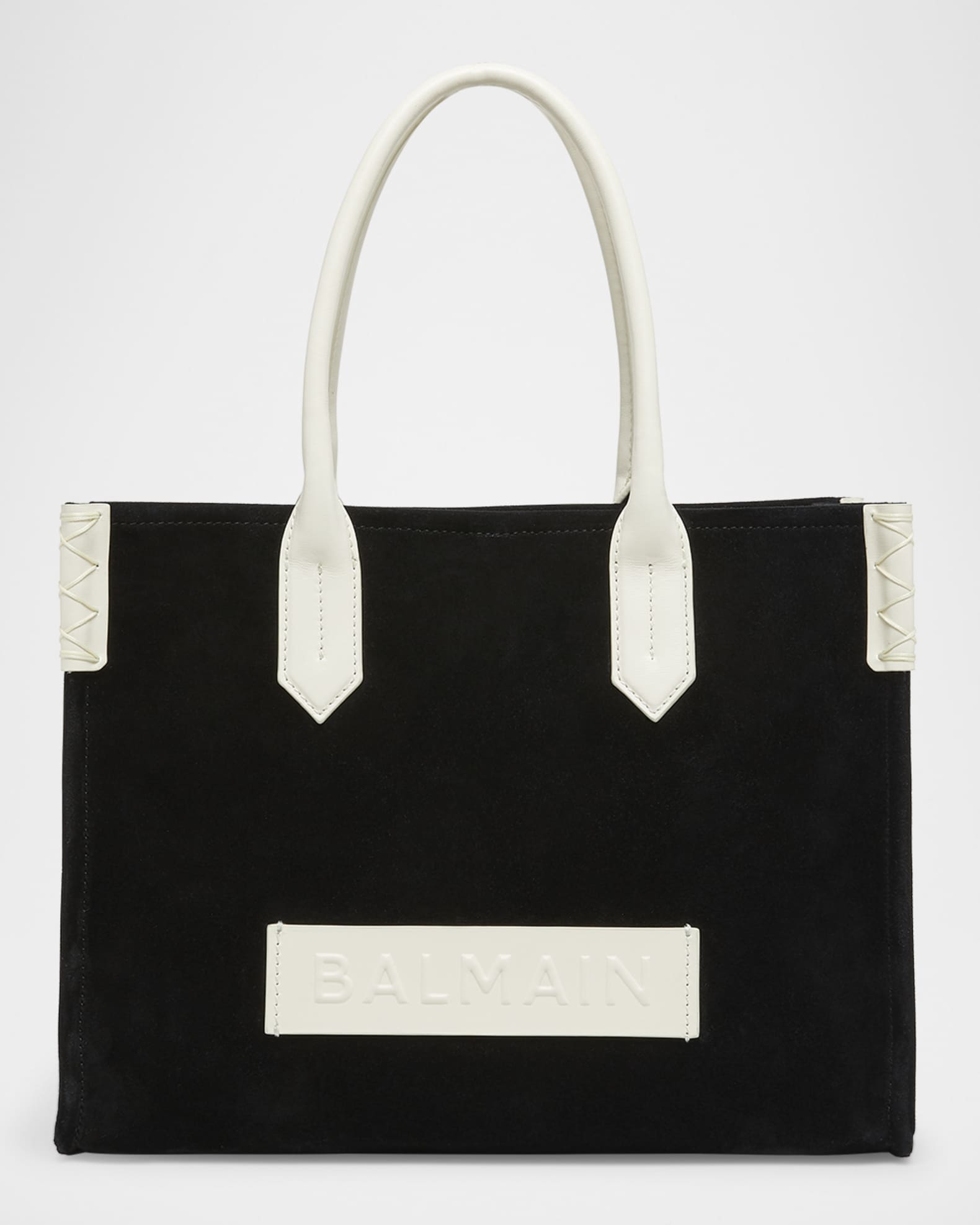 BALMAIN トートバッグ 黒/ホワイト Balmain B-Army Leather-Trim Tote Bag in Suede | Neiman Marcus