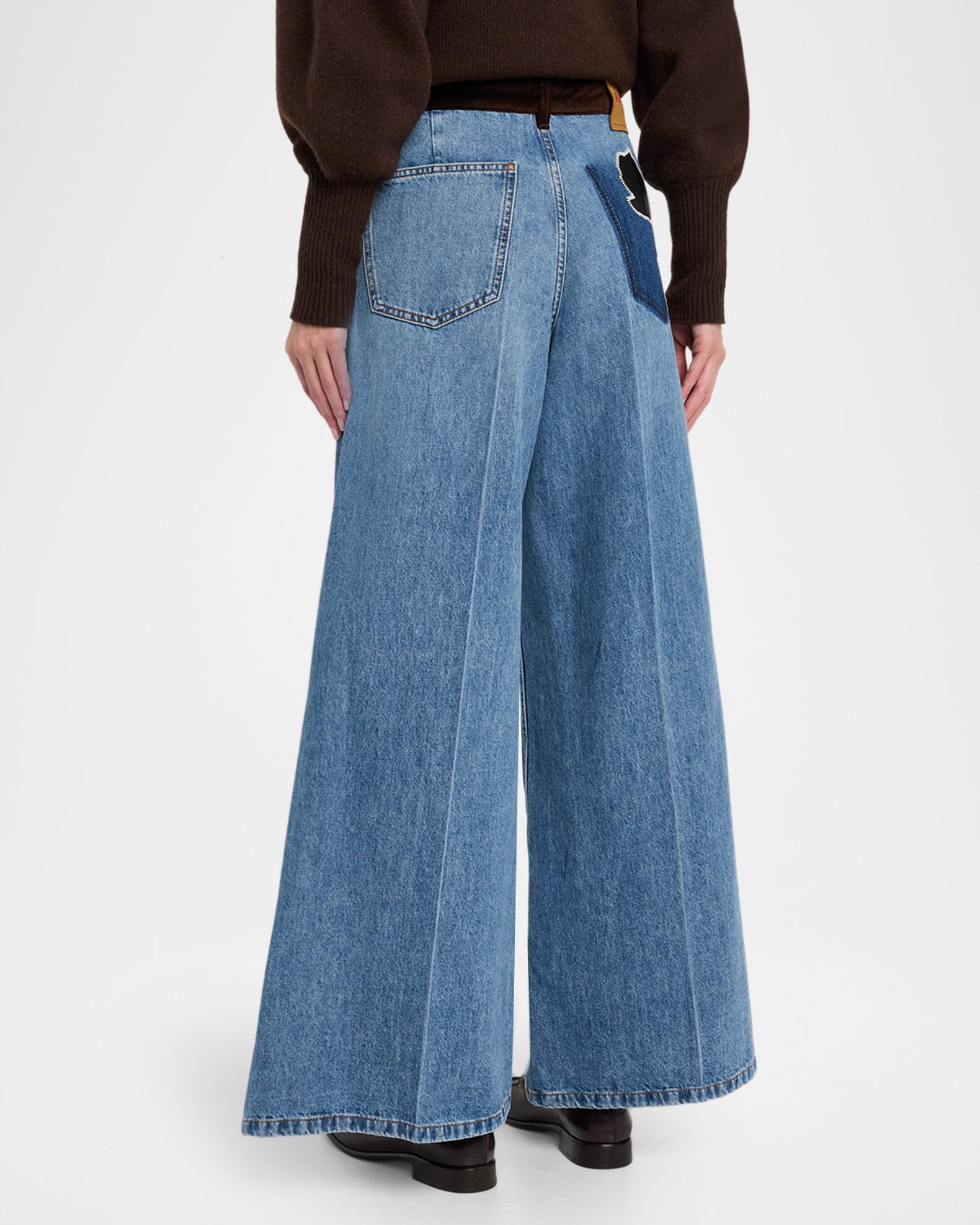 Marni Flower Patch Velvet-Waistband Wide-Leg Denim Trousers 