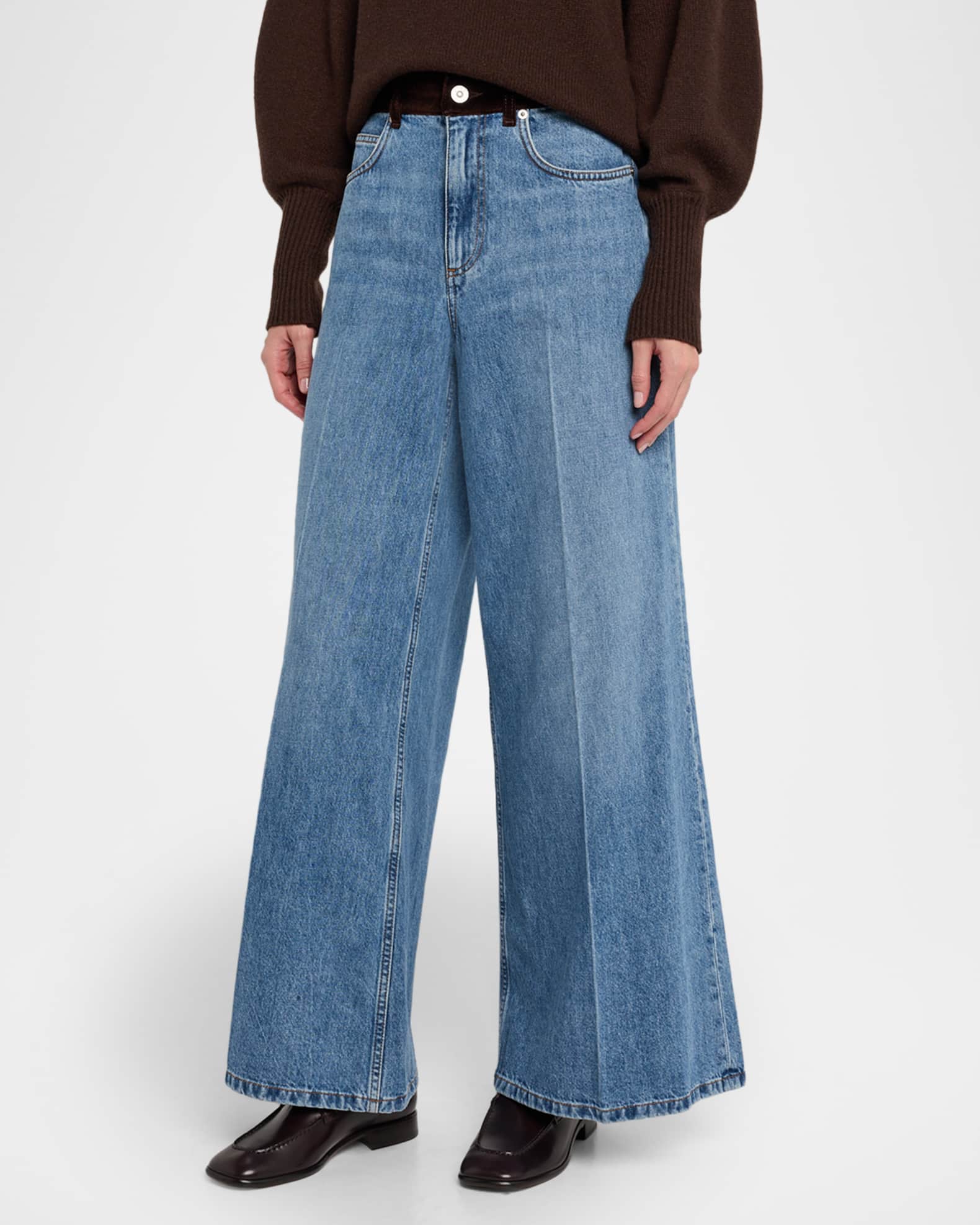Marni Flower Patch Velvet-Waistband Wide-Leg Denim Trousers