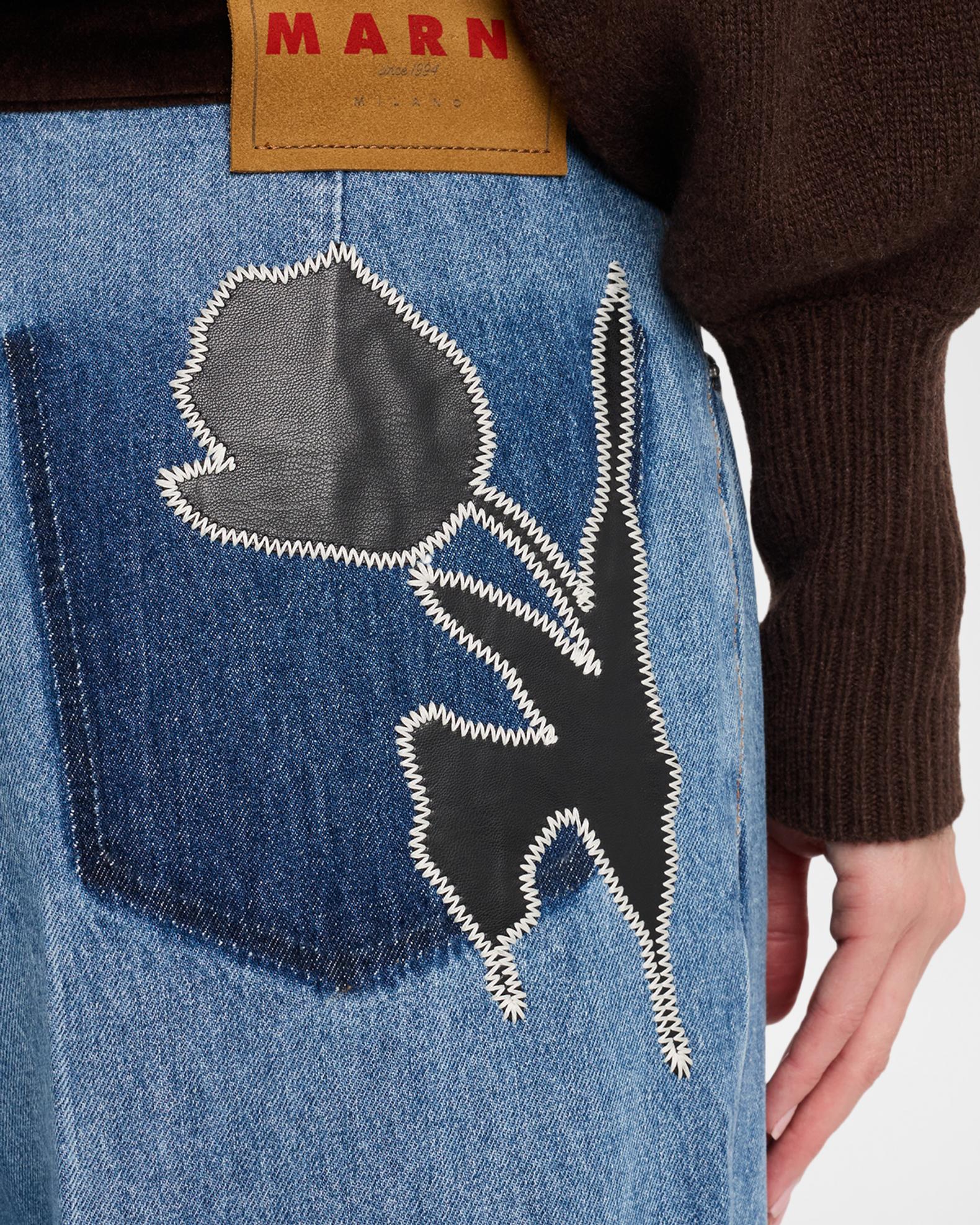 Marni Flower Patch Velvet-Waistband Wide-Leg Denim Trousers 