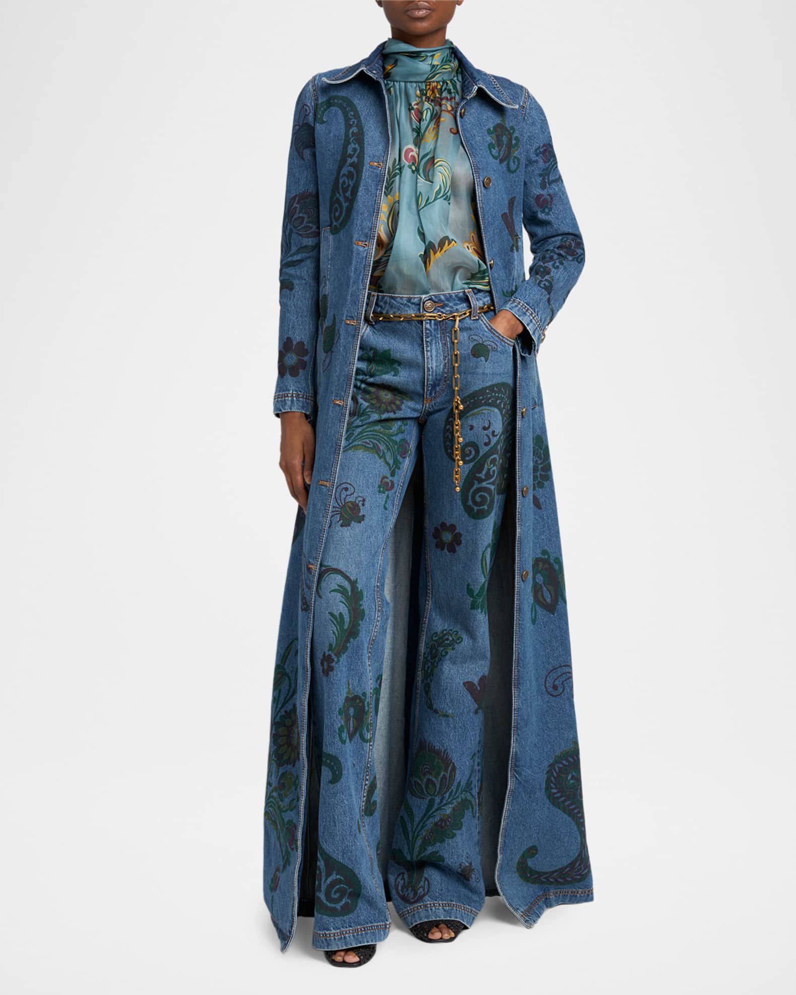 Etro Flower and Bee Printed Denim Maxi Trench Coat | Neiman Marcus