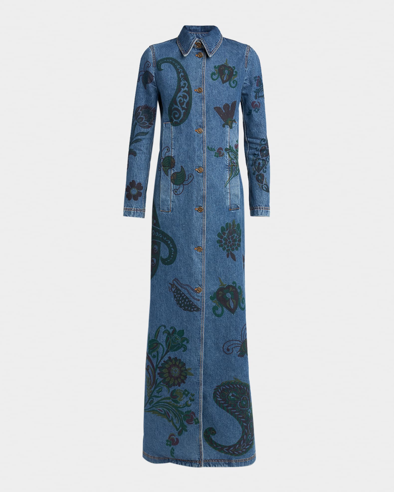 Etro Flower and Bee Printed Denim Maxi Trench Coat | Neiman Marcus