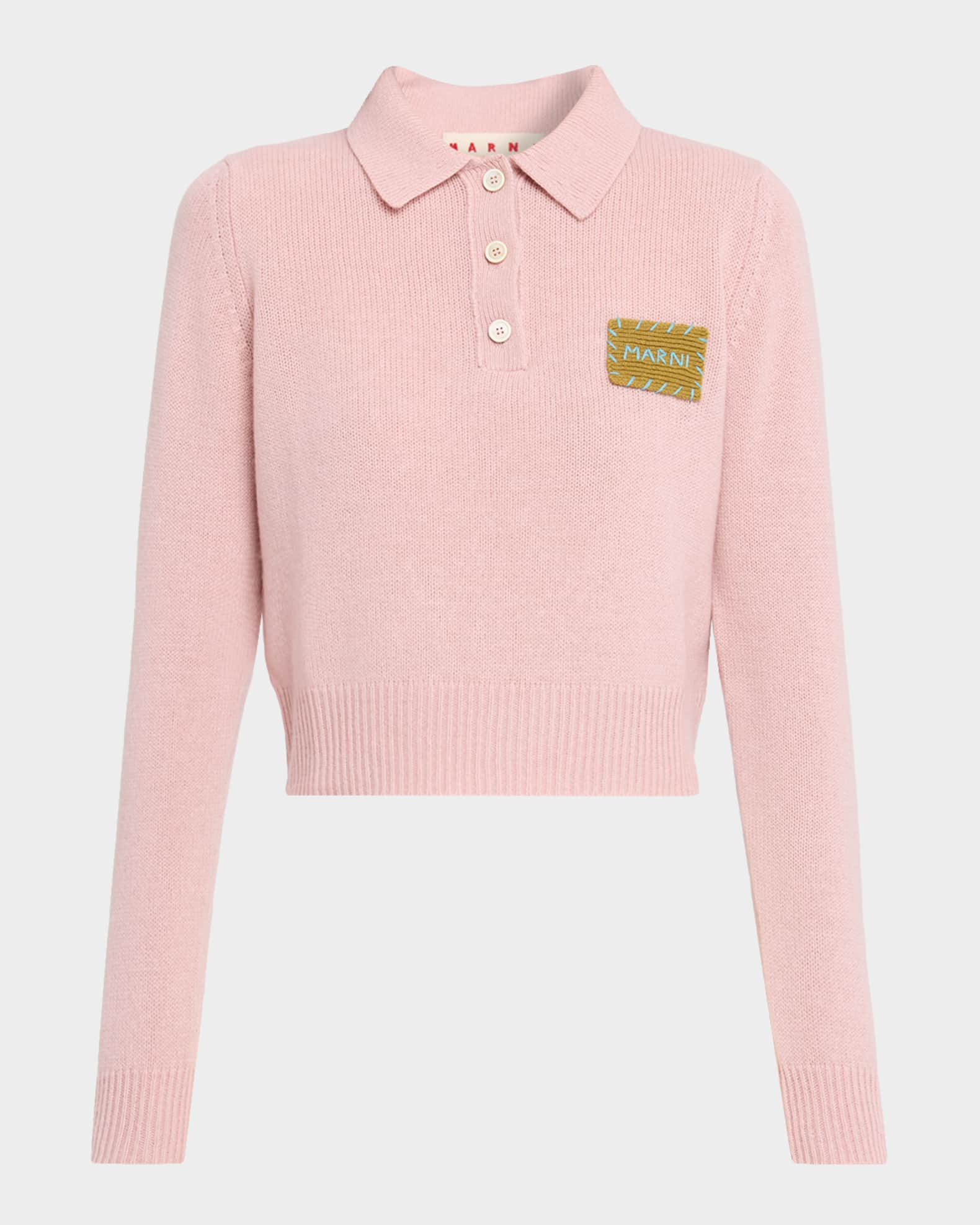 Marni Logo Patch Cashmere Crop Polo Sweater | Neiman Marcus