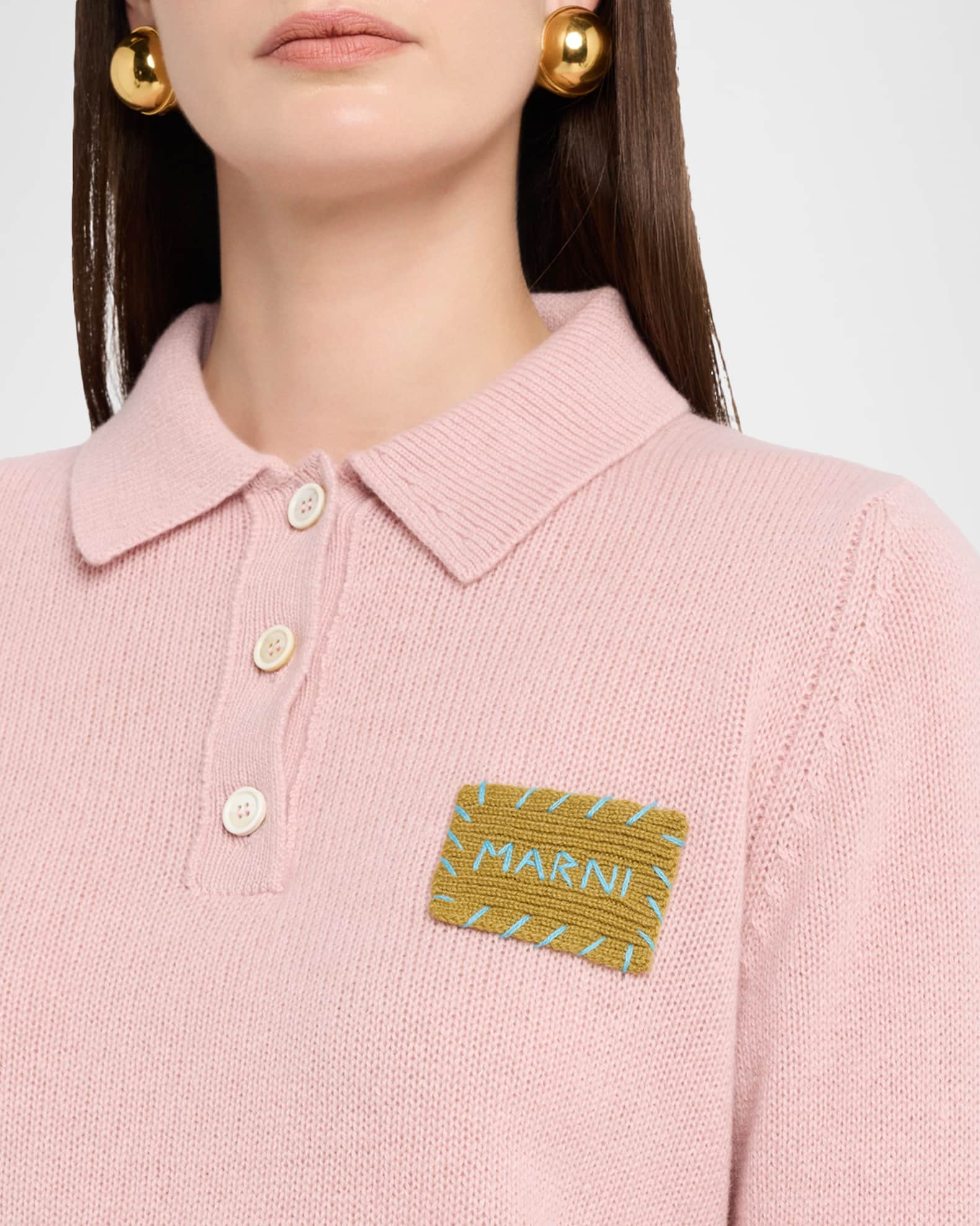 Marni Logo Patch Cashmere Crop Polo Sweater | Neiman Marcus