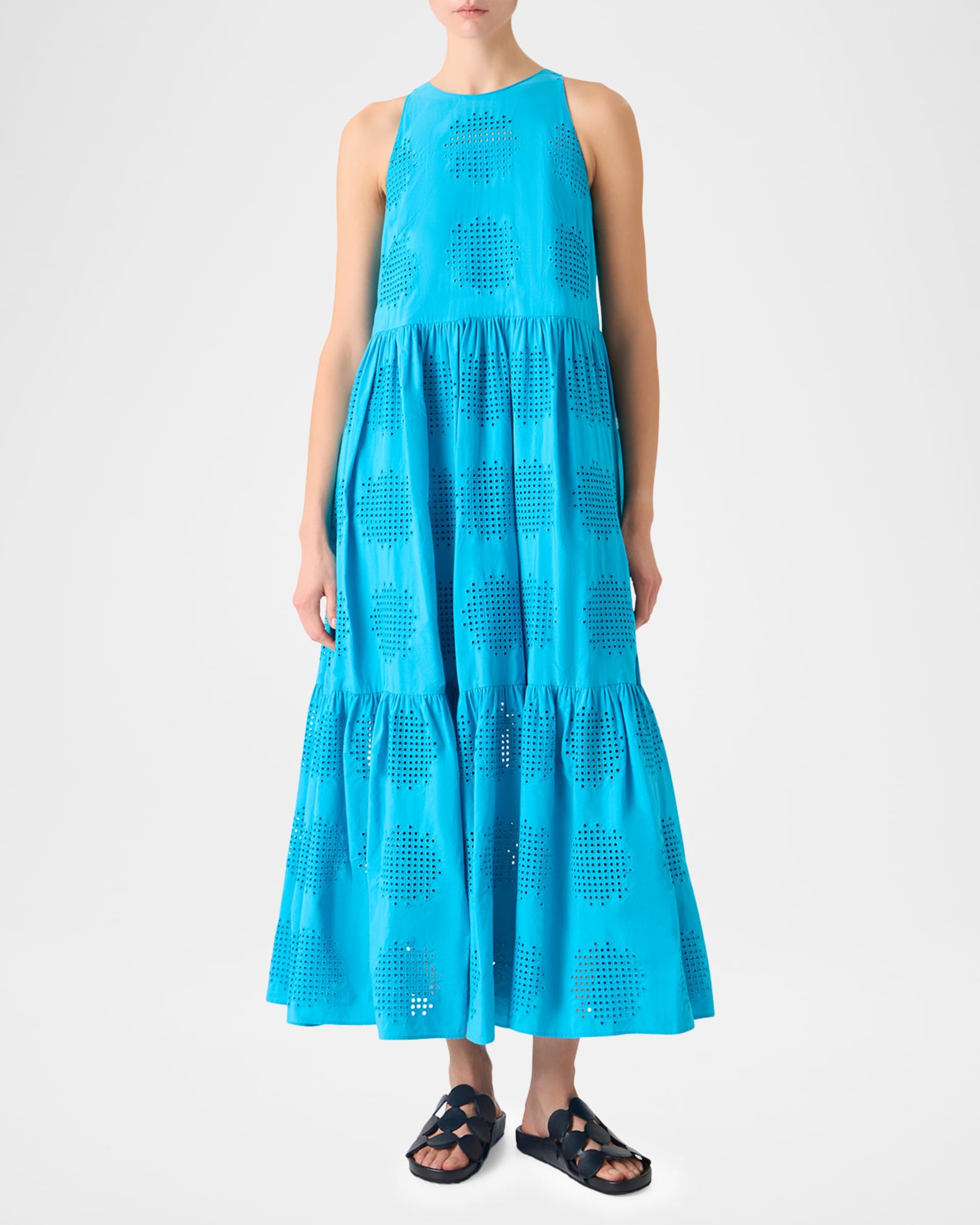Akris Punto Embroidered Cotton Eyelet Tiered Maxi Dress, Turquoise, Women's, 2, Casual & Work Dresses Maxi Dresses