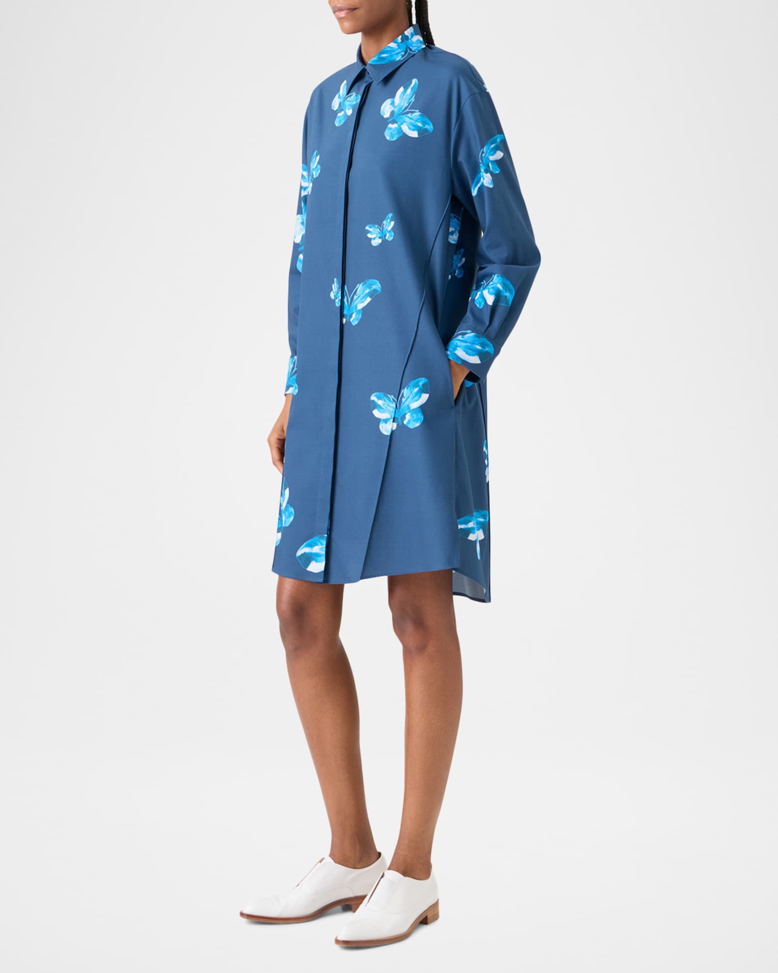 Akris Butterfly-Print Poplin Long-Sleeve Shirtdress, Blue, Women's, 6, Casual & Work Dresses Shirtdresses Button-Down Shirt Dresses
