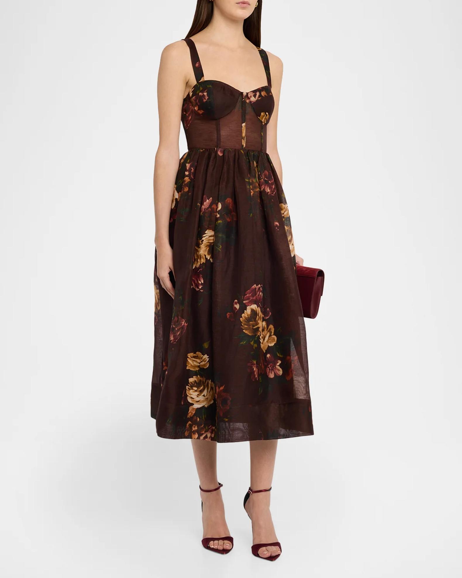 Cara Cara Phoebe Floral Linen and Silk Midi Bustier Dress | Neiman Marcus