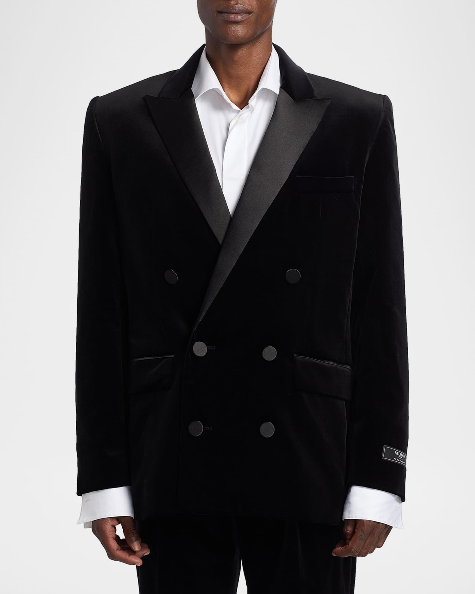 BALMAIN ブラック silkテーラードジャケット Balmain Men's Velvet Satin-Trim Double-Breasted Blazer | Neiman Marcus