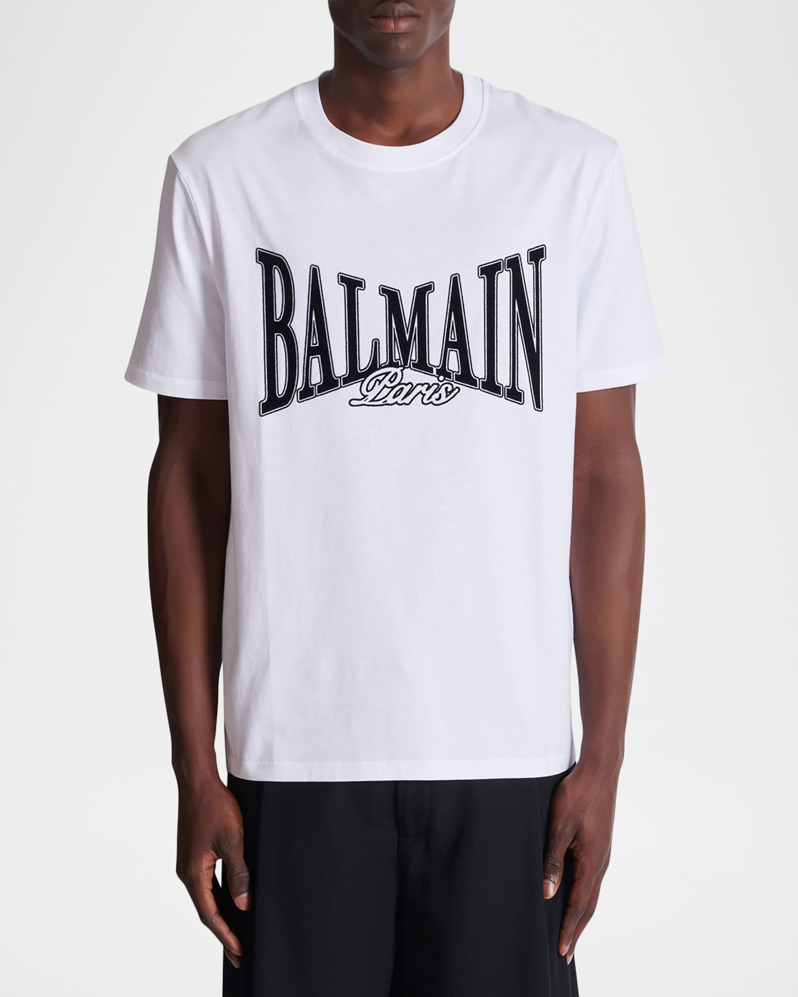 Balmain Men's Flocked College Logo Crewneck T-Shirt | Neiman
