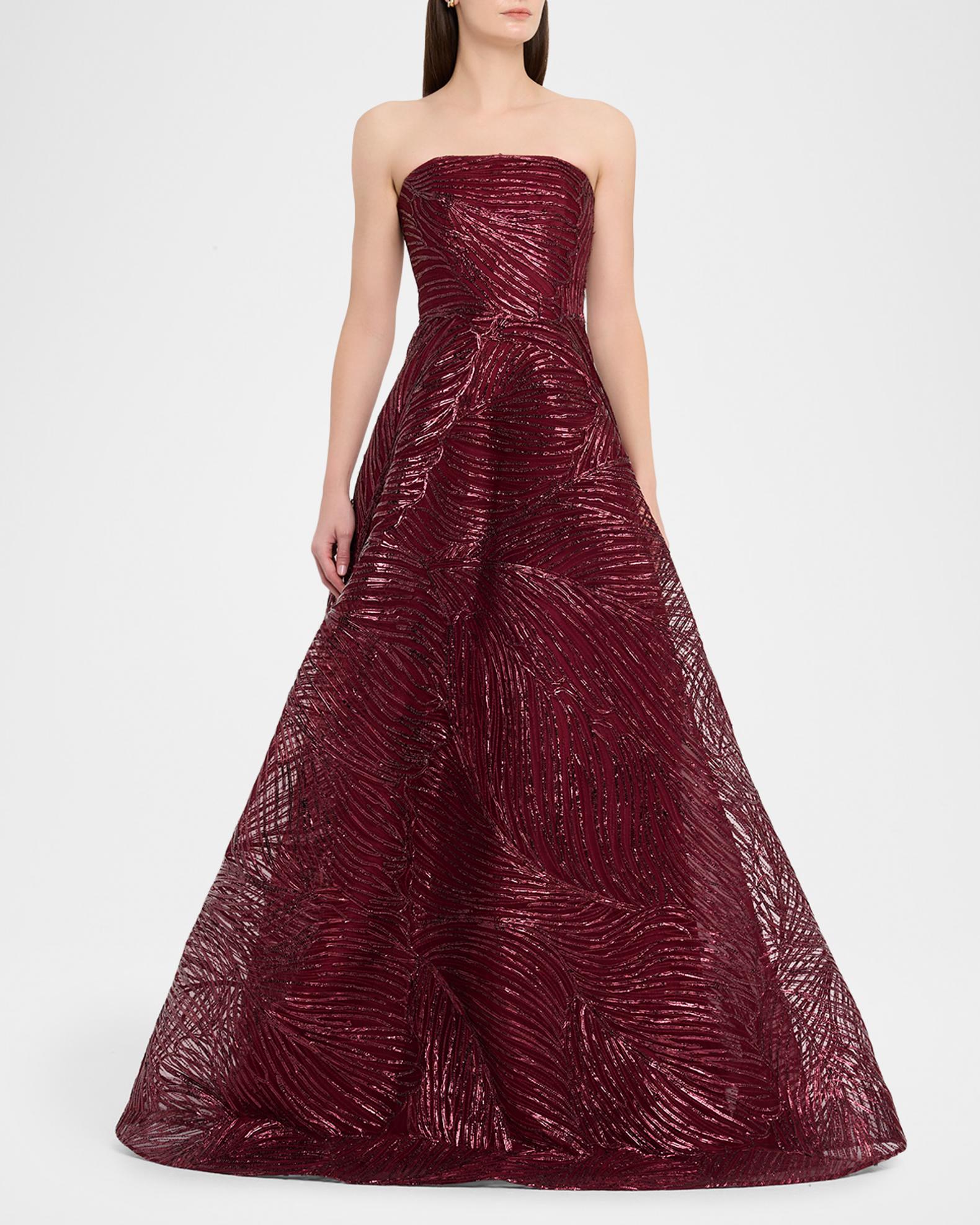 naeem khan red dress Naeem Khan Strapless Metallic Raffia Embroidered Ball Gown