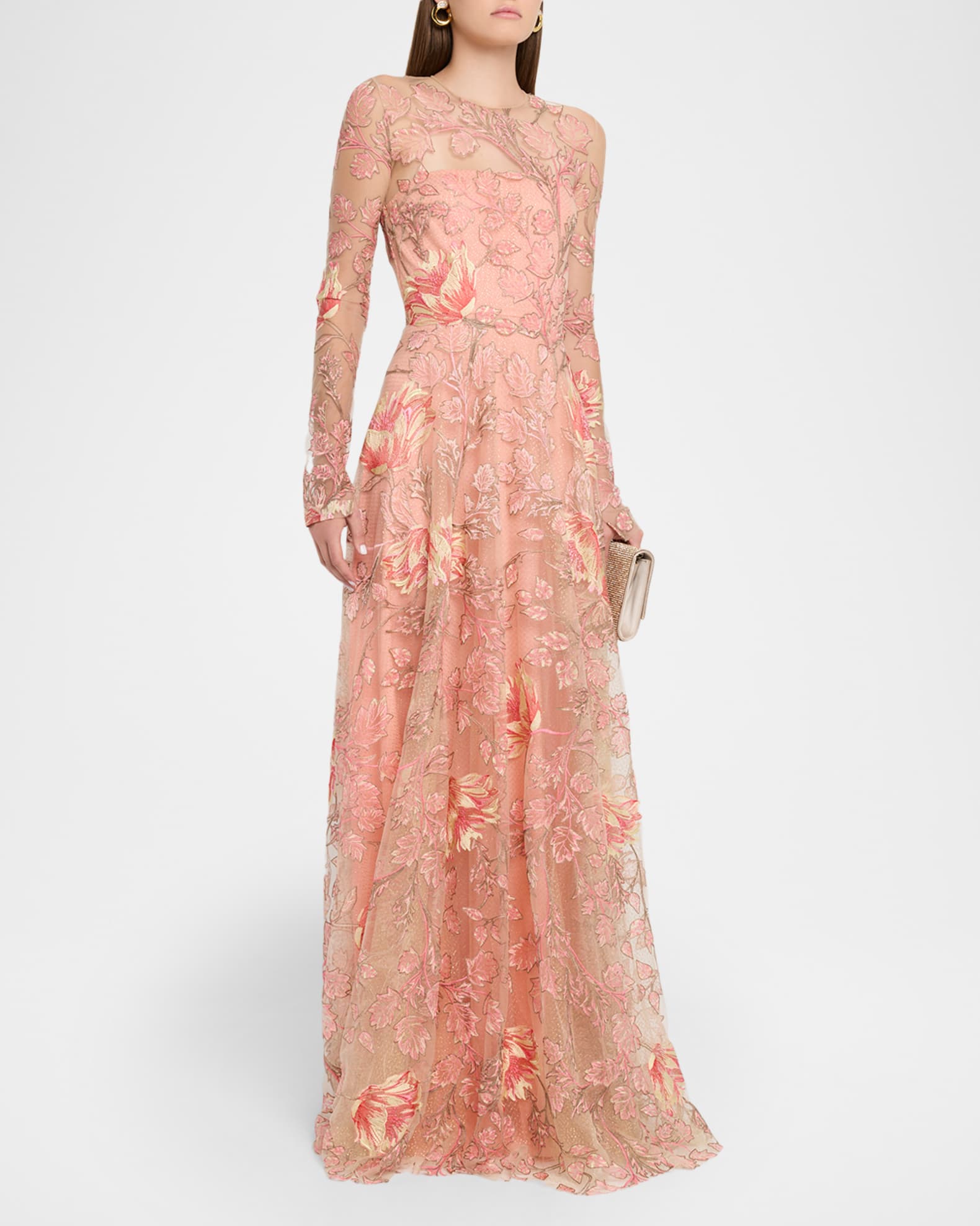 Naeem Khan Metallic Floral Embroidered Long-Sleeve Illusion Gown | Neiman  Marcus