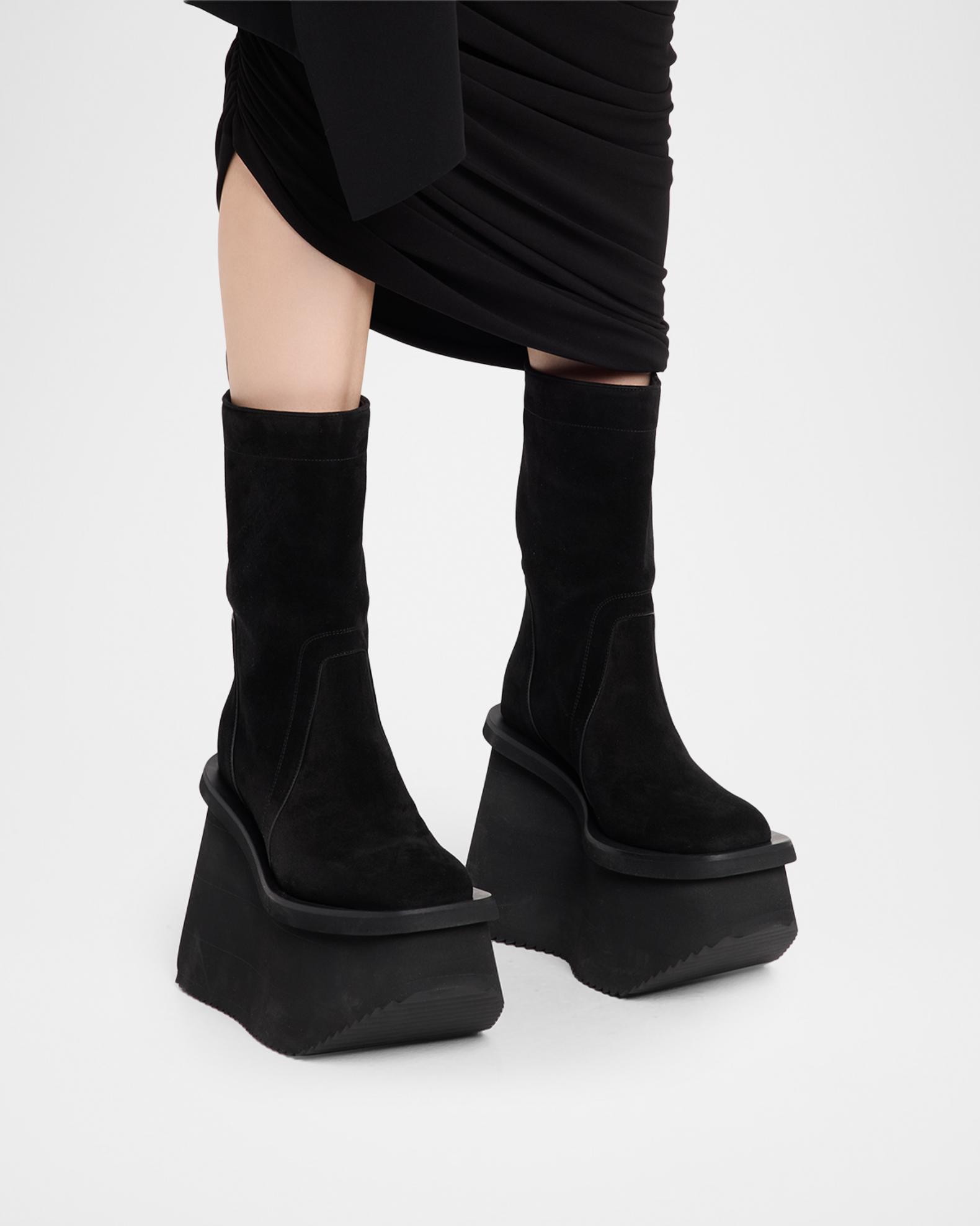 Rick Owens Factory Suede Platform Mid-Calf Boots | Neiman Marcus