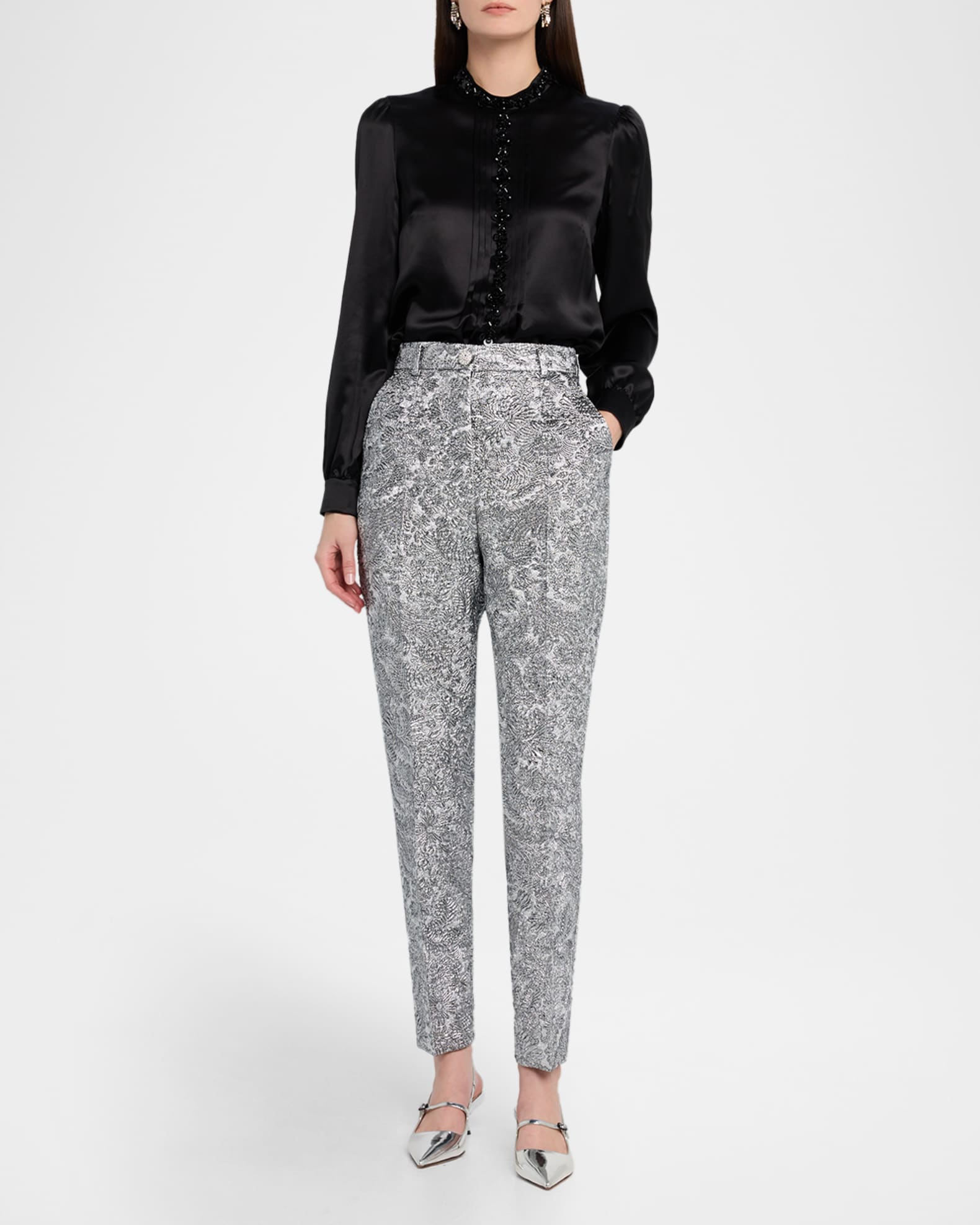DOLCE&GABBANA 花柄 刺繍 スラックス Dolce&Gabbana Metallic Floral Puff Brocade Slim-Leg Ankle Pants