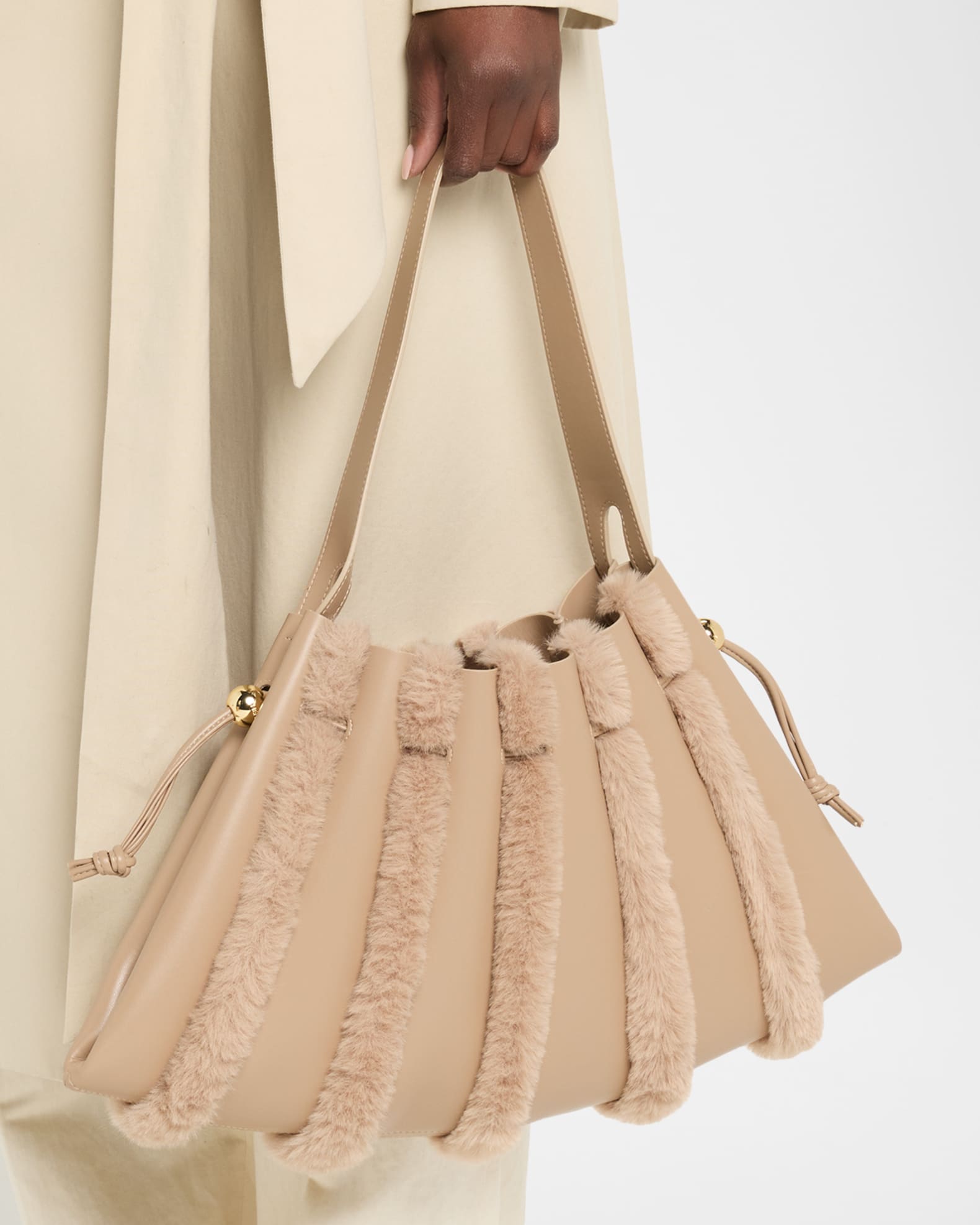 THEMOIRE Calypso Faux Fur-Trim Vegan Leather Shoulder Bag | Neiman