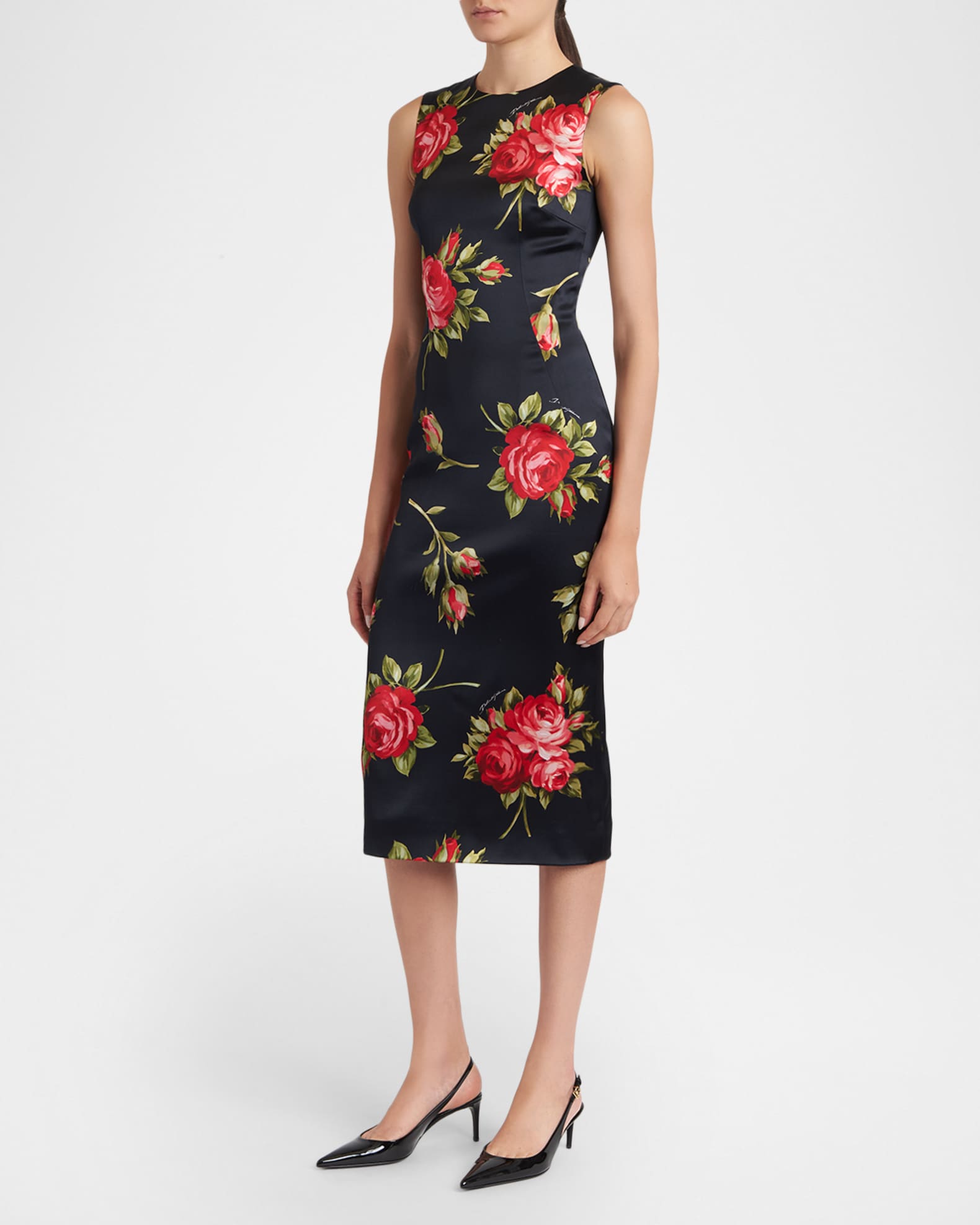 Dolce&Gabbana Rose Bouquet-Print Sheath Midi Dress | Neiman Marcus