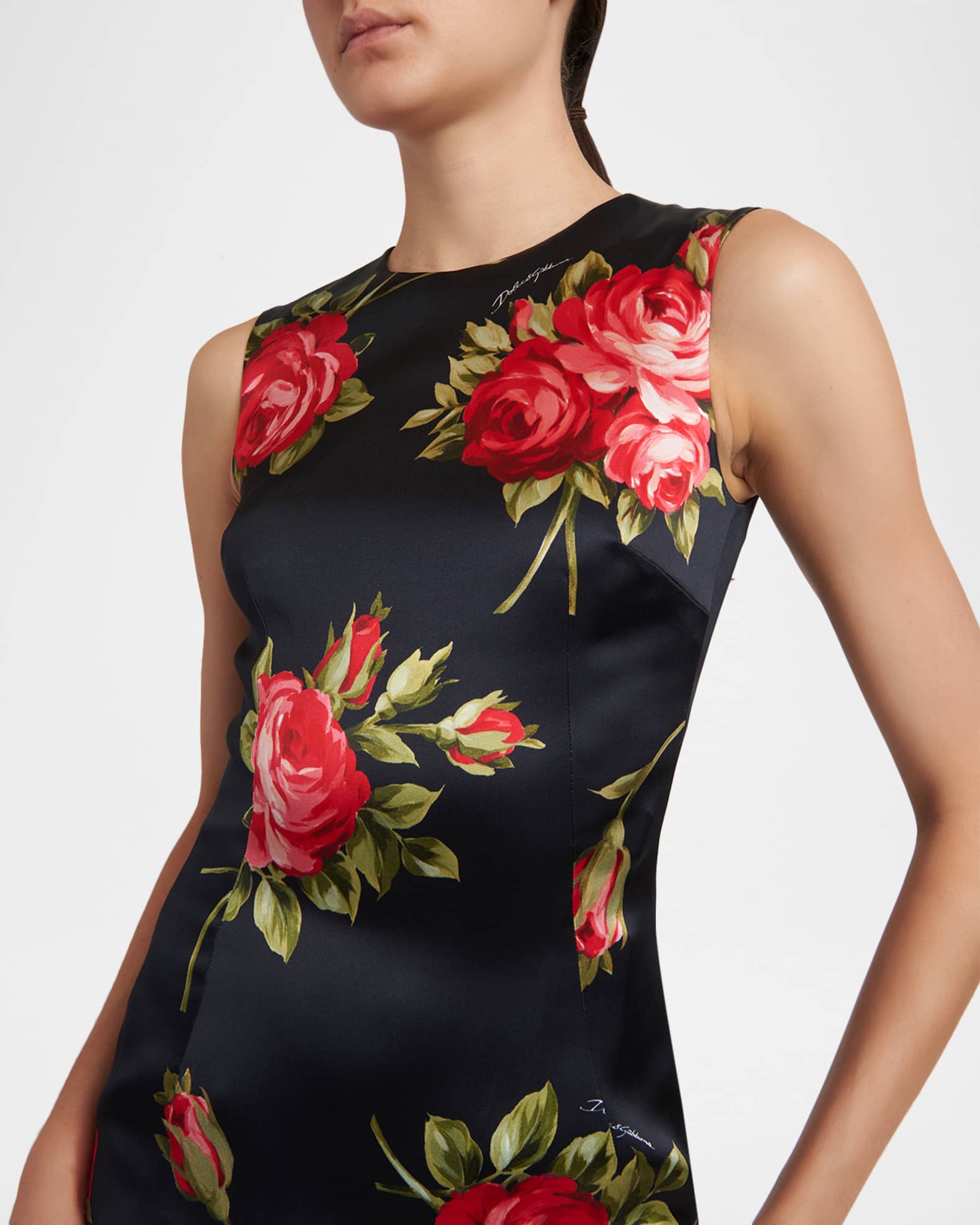 DOLCE&GABBANA 桜柄ノースリーブワンピースmade in Italy Dolce&Gabbana Rose Bouquet-Print Sheath Midi Dress | Neiman Marcus