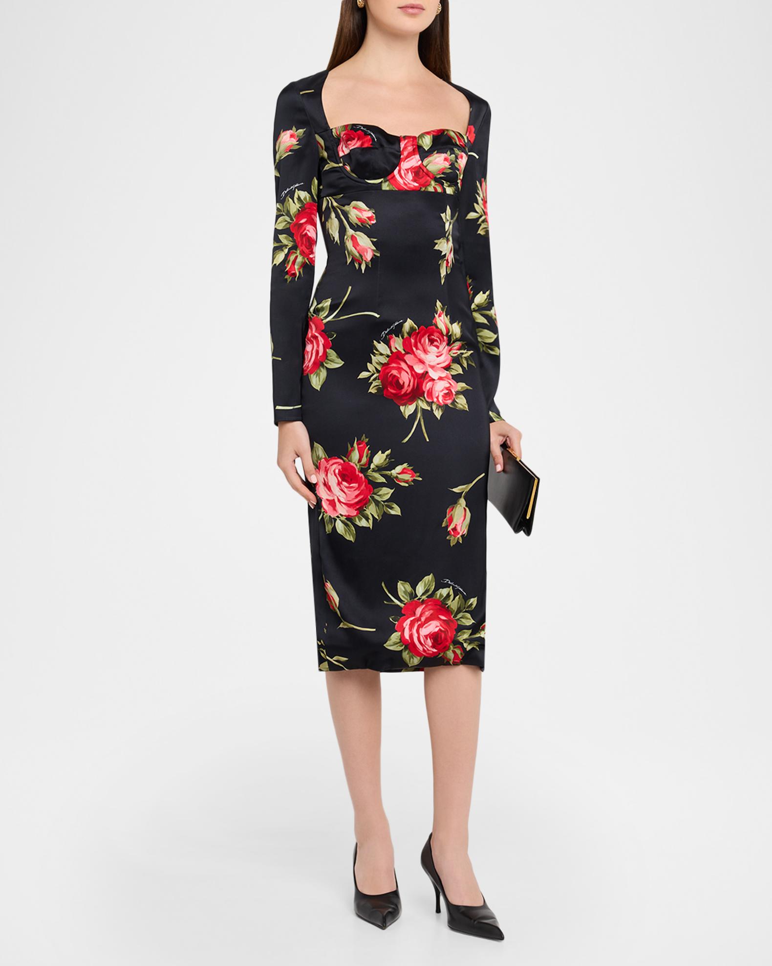 Dolce&Gabbana Rose-Print Satin Long-Sleeve Midi Dress | Neiman Marcus