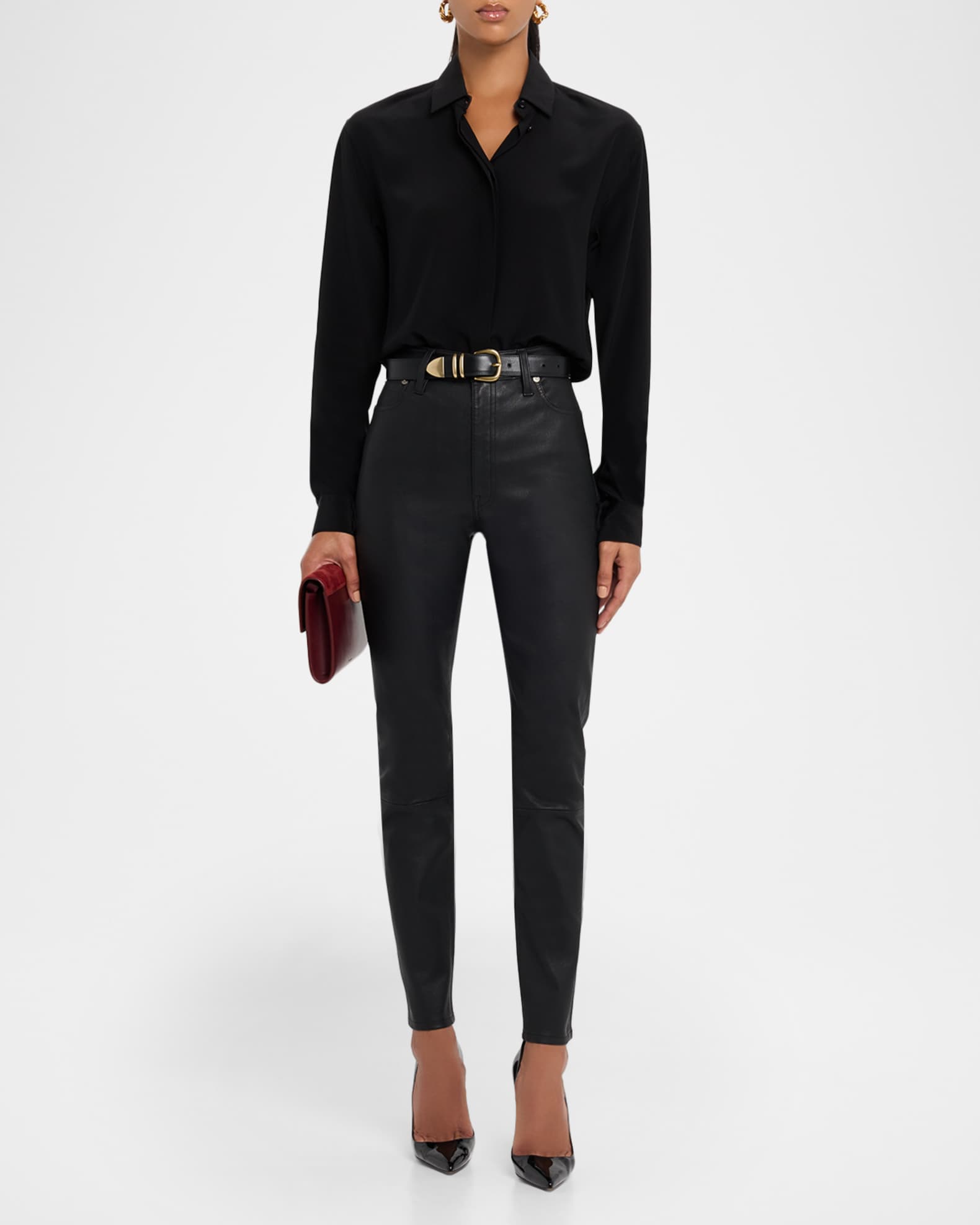 Polo Ralph Lauren Lambskin Leather Five-Pocket Slim Pants | Neiman