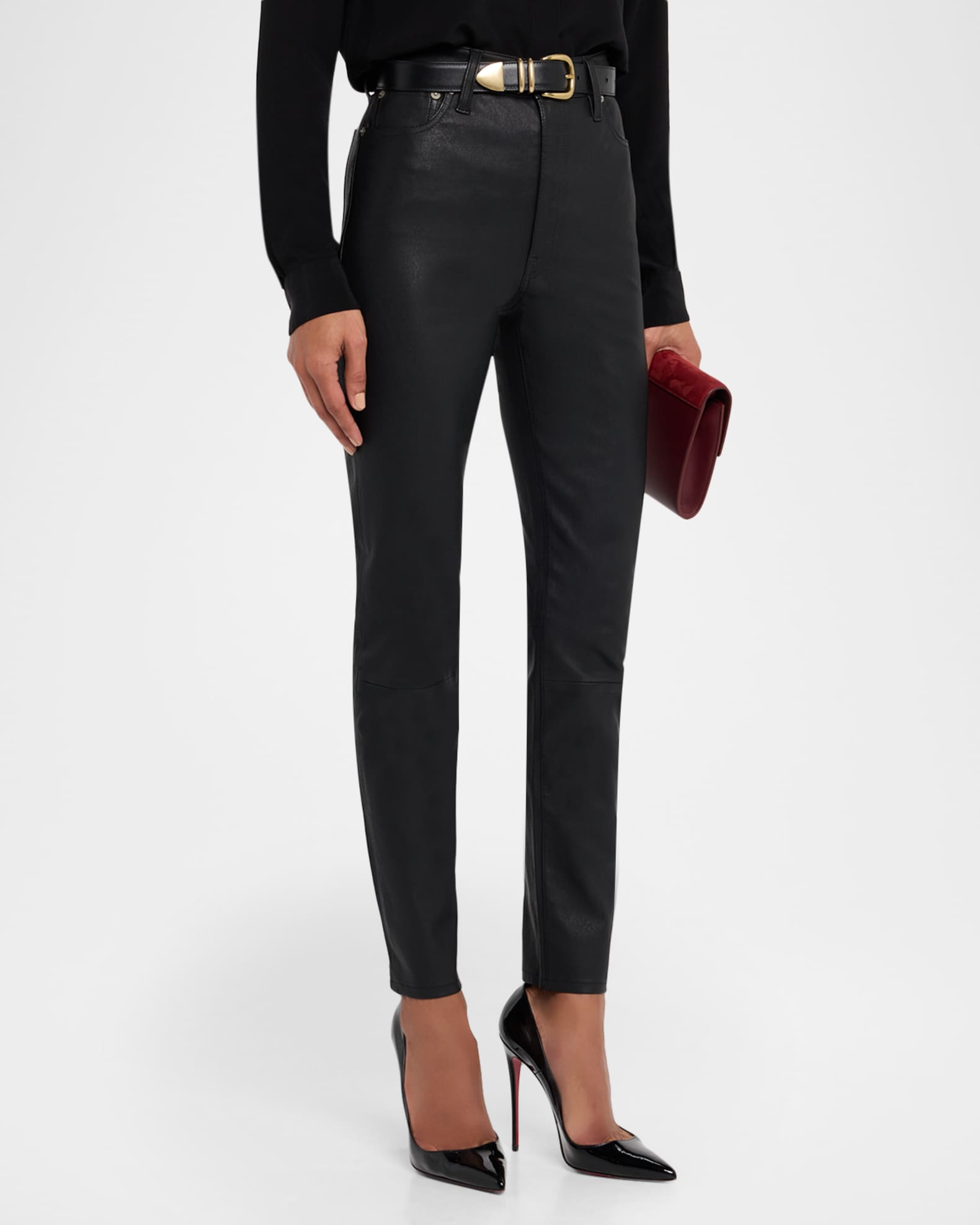 Polo Ralph Lauren Lambskin Leather Five-Pocket Slim Pants | Neiman