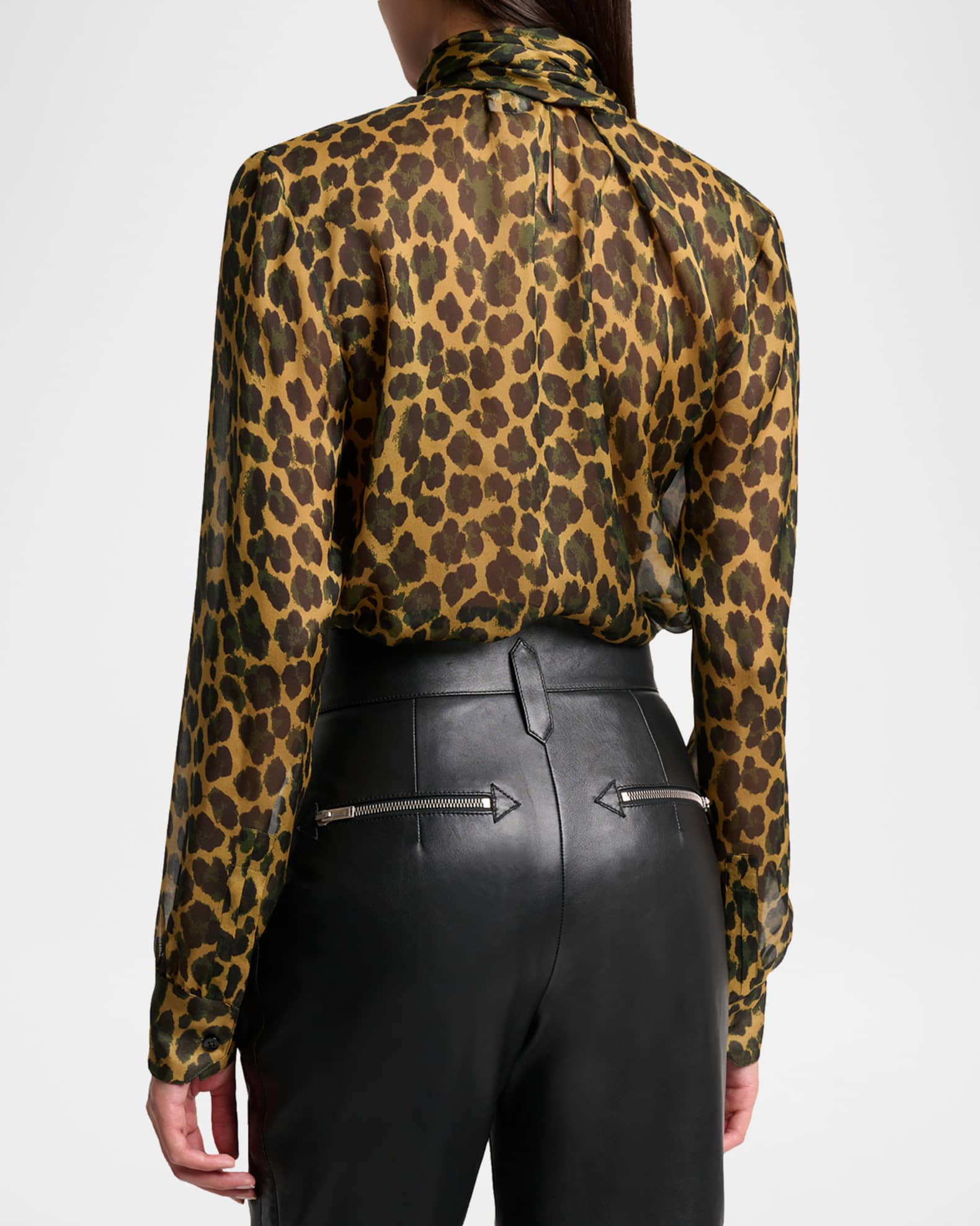 SAINTLAURENTサンローランパリ　シルクシフォン　レオパードブラウス Saint Laurent Leopard Silk Chiffon Bow-Neck Blouse | Neiman Marcus