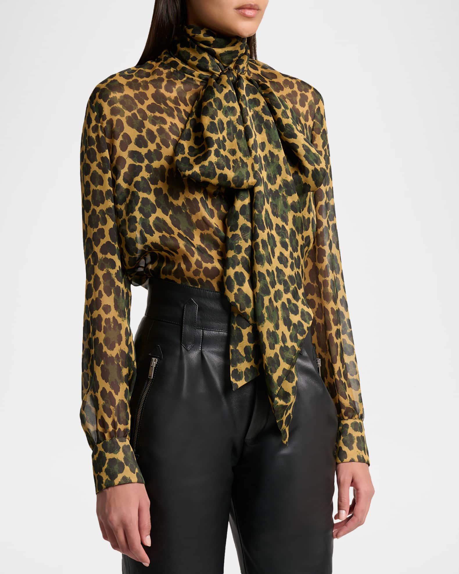 SAINT LAURENT - SAINT LAURENT PARIS サンローラン パリ 19SS Leopard Blouse オープンネックレオパードシアーチュニック  ブラック 40 Saint Laurent Leopard Silk Chiffon Bow-Neck Blouse | Neiman Marcus