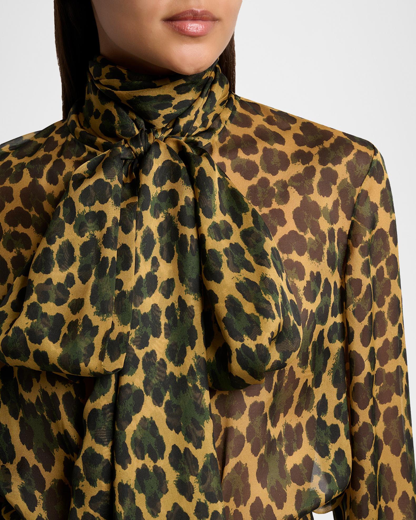 Saint Laurent Leopard Silk Chiffon Bow-Neck Blouse | Neiman Marcus