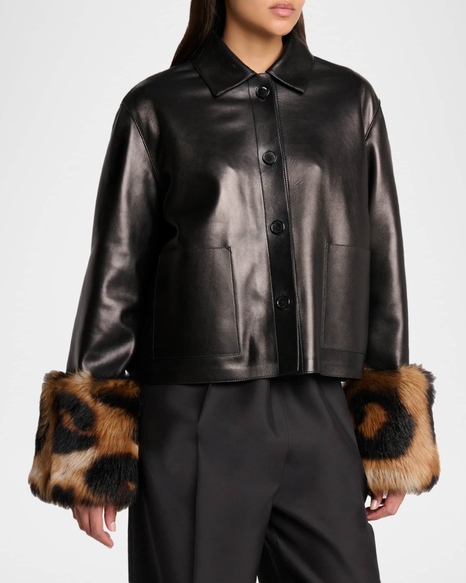 Loewe Leather Jacket With Leopard-Print Lamb Shearling Cuffs
