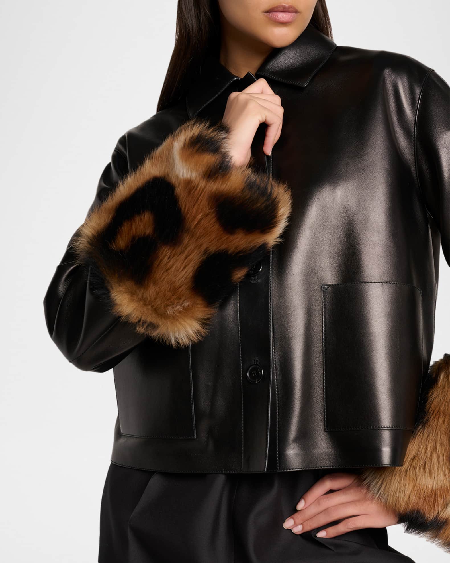 Loewe Leather Jacket With Leopard-Print Lamb Shearling Cuffs