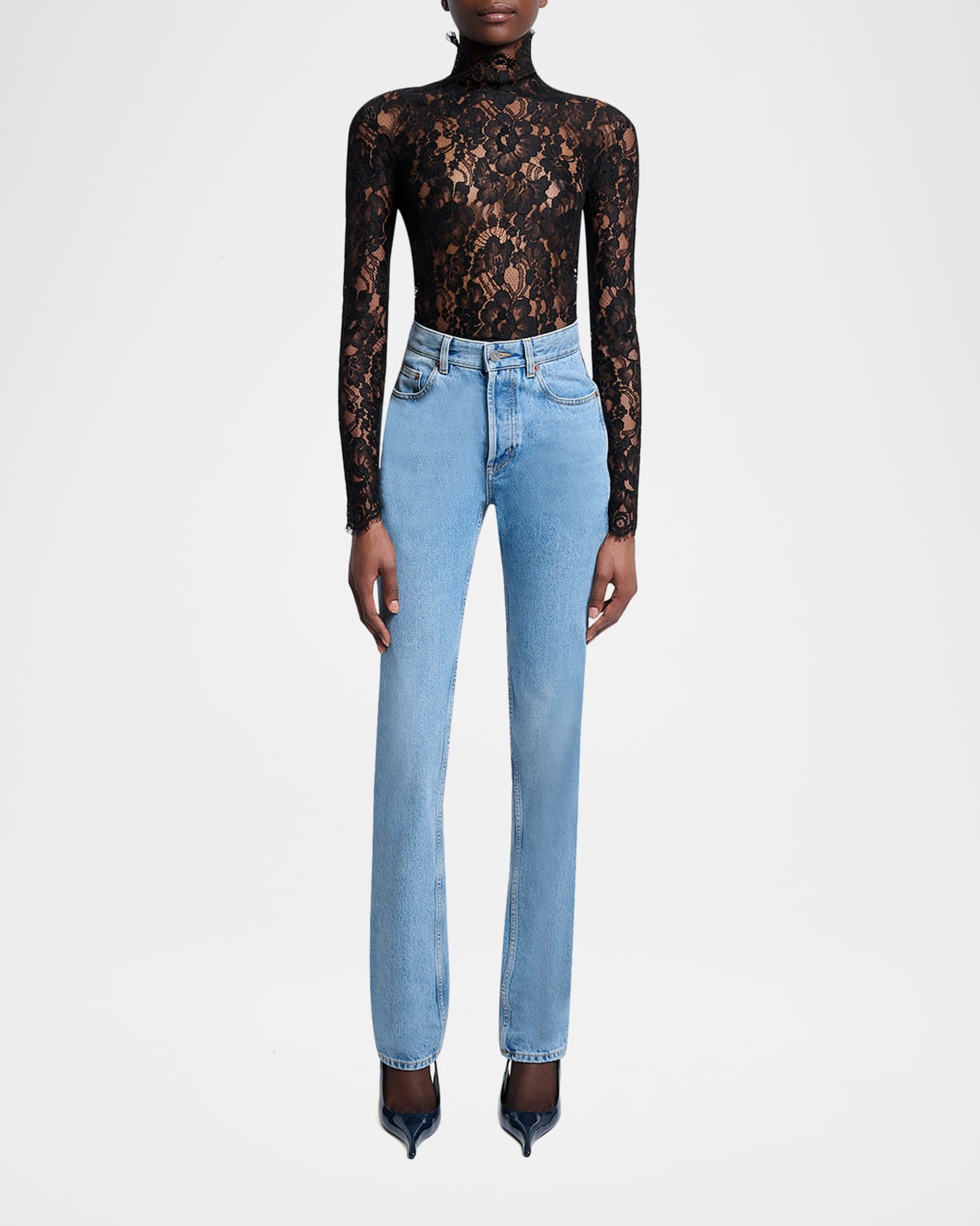 Saint Laurent Turtleneck Sheer Lace Long-Sleeve Top | Neiman Marcus