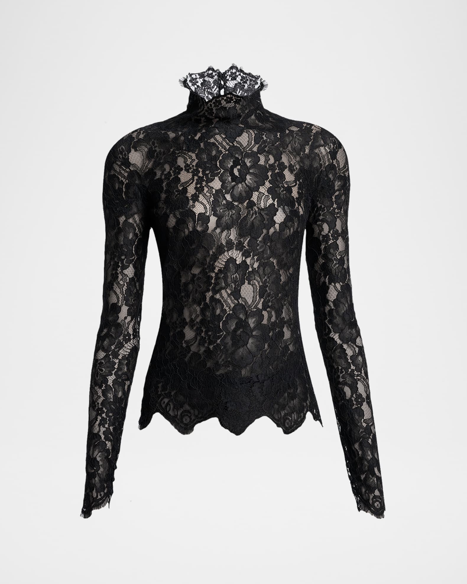 Saint Laurent Turtleneck Sheer Lace Long-Sleeve Top | Neiman Marcus