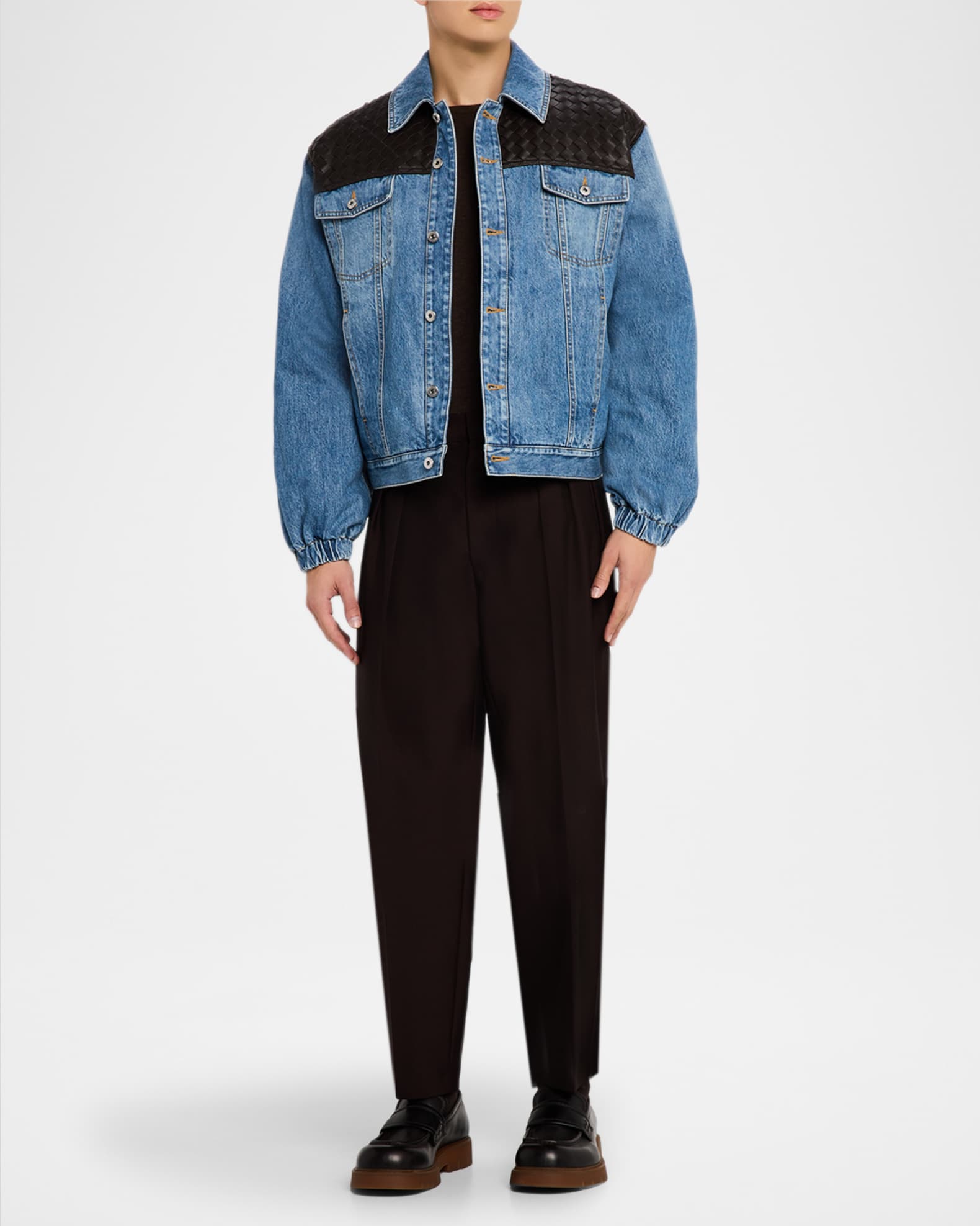 Bottega Veneta Men's Vintage Denim Jacket w/Intrecciato Yoke