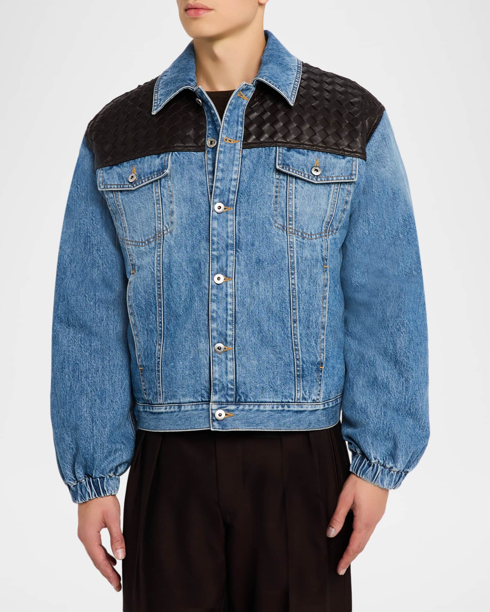 Bottega Veneta Men's Vintage Denim Jacket w/Intrecciato Yoke