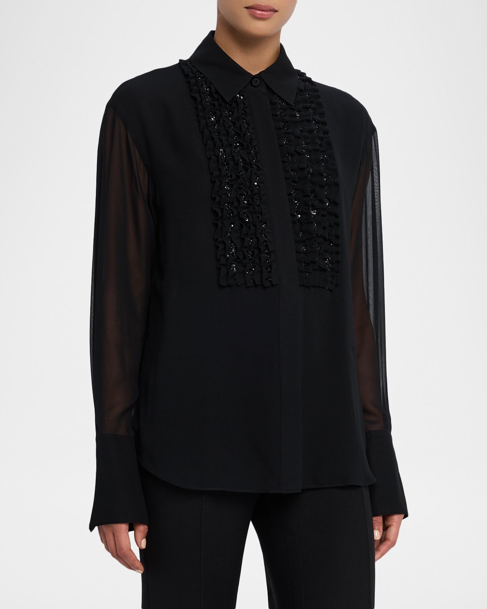 Lafayette 148 New York Sequin Ruffle Silk Georgette Blouse | Neiman Marcus