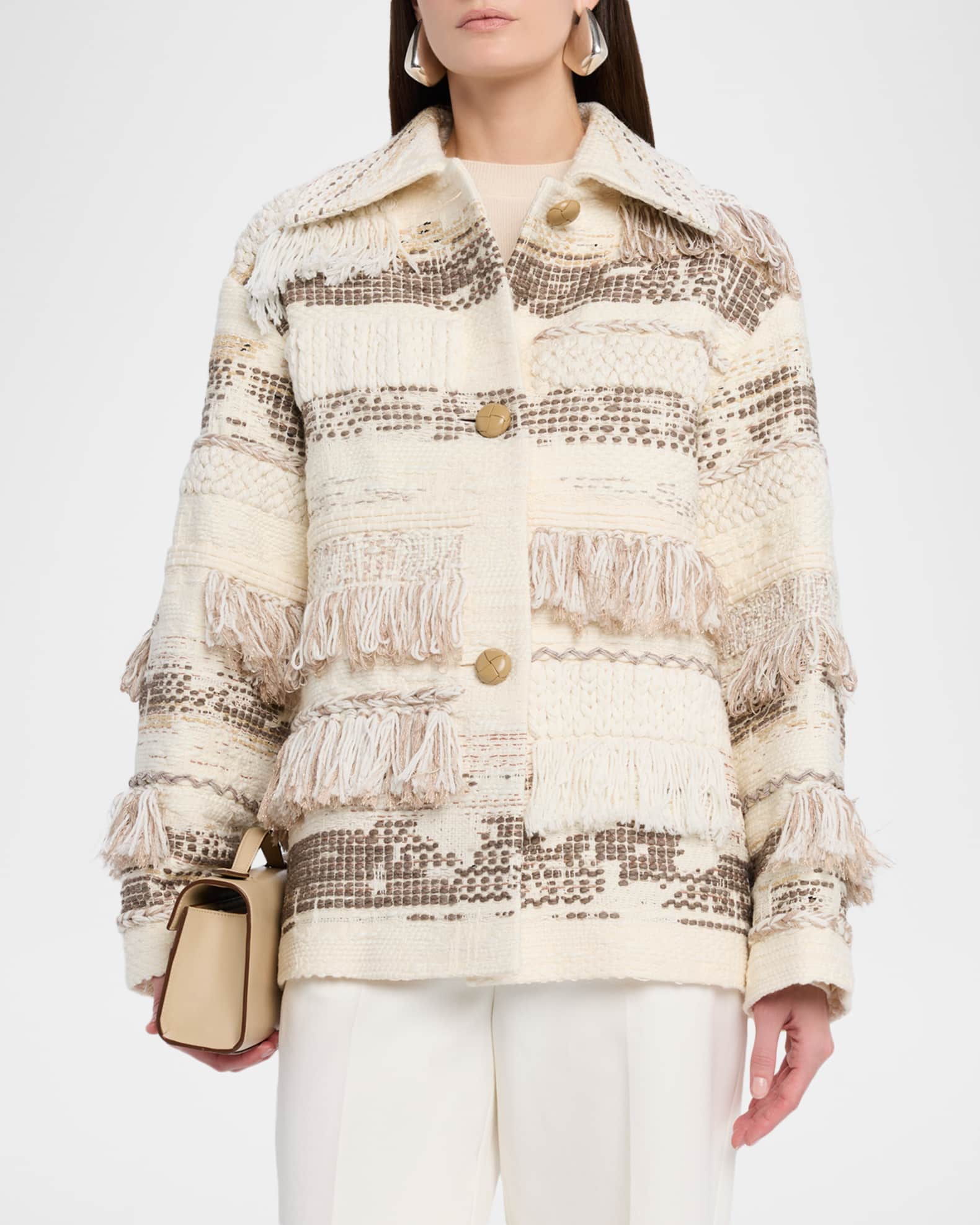 Lafayette 148 New York Interlace Jacquard & Handwoven Fringe Coat