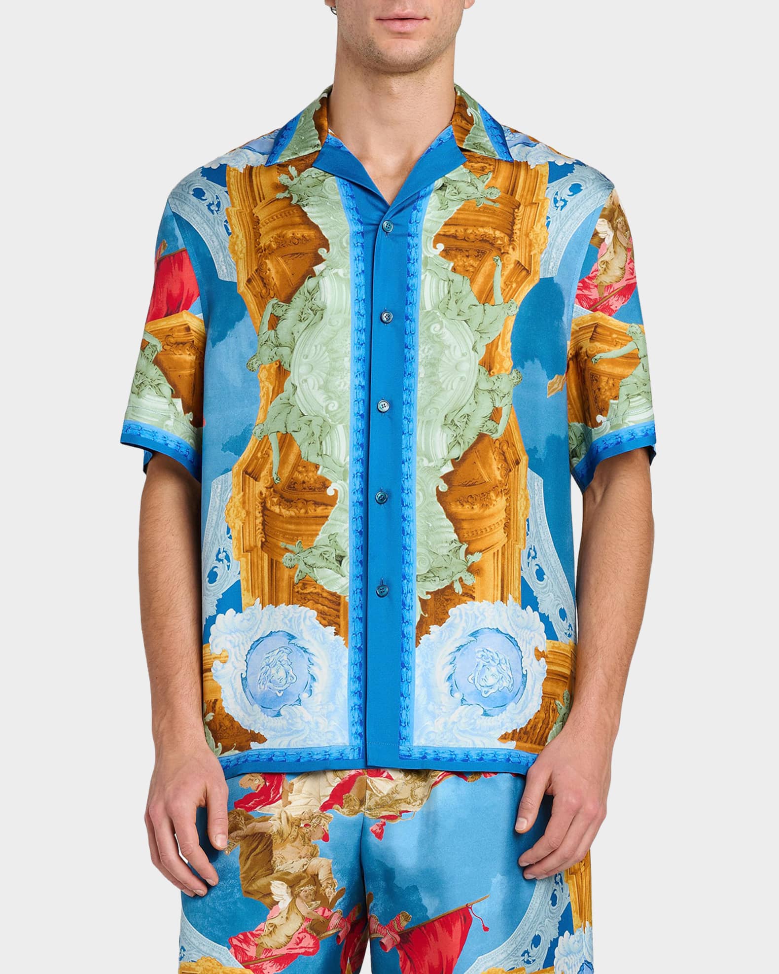 Versace Men's Architectural Baroque Silk Short-Sleeve Shirt