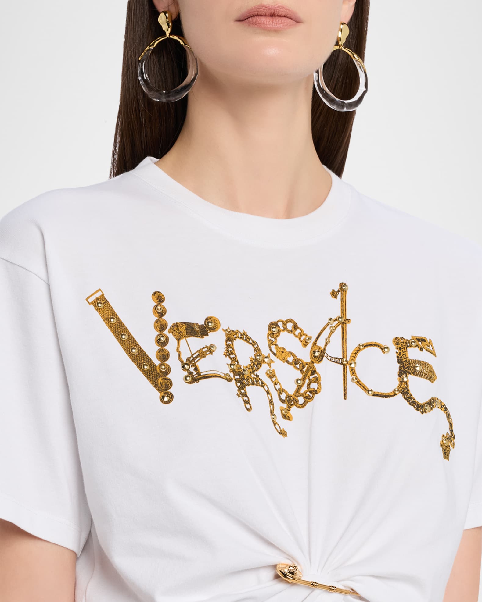 Versace Studded Safety Pin Cropped T-Shirt | Neiman Marcus