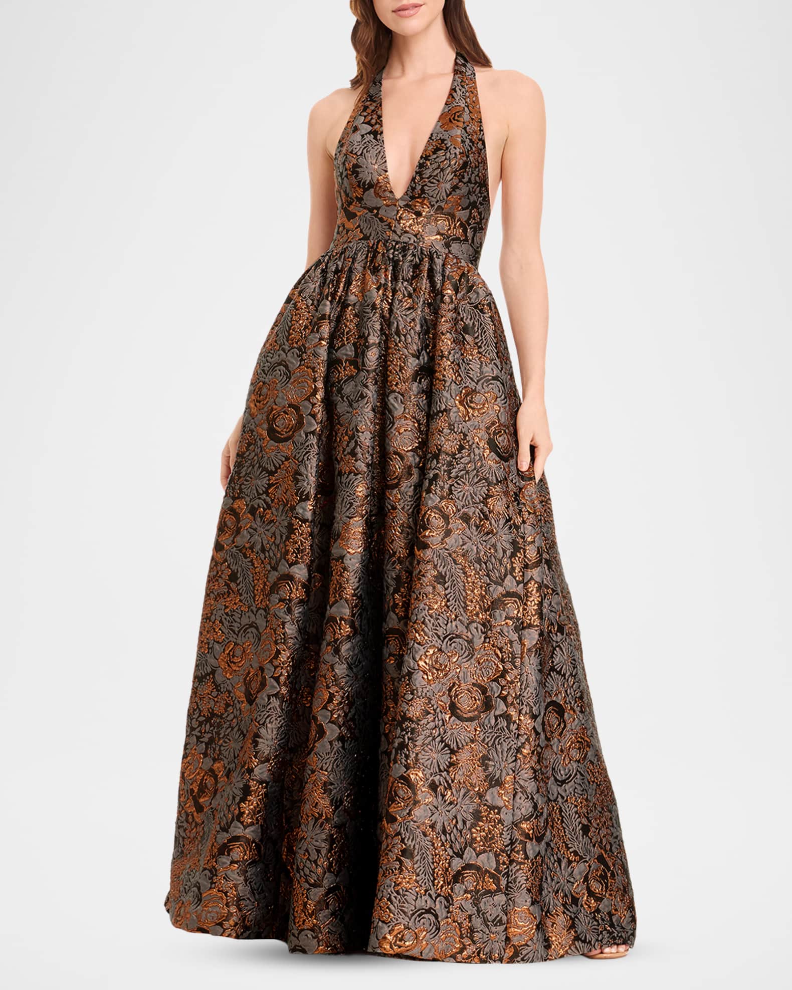 Dress the Population Black Label Venus Low-Back Halter Floral Jacquard Gown 