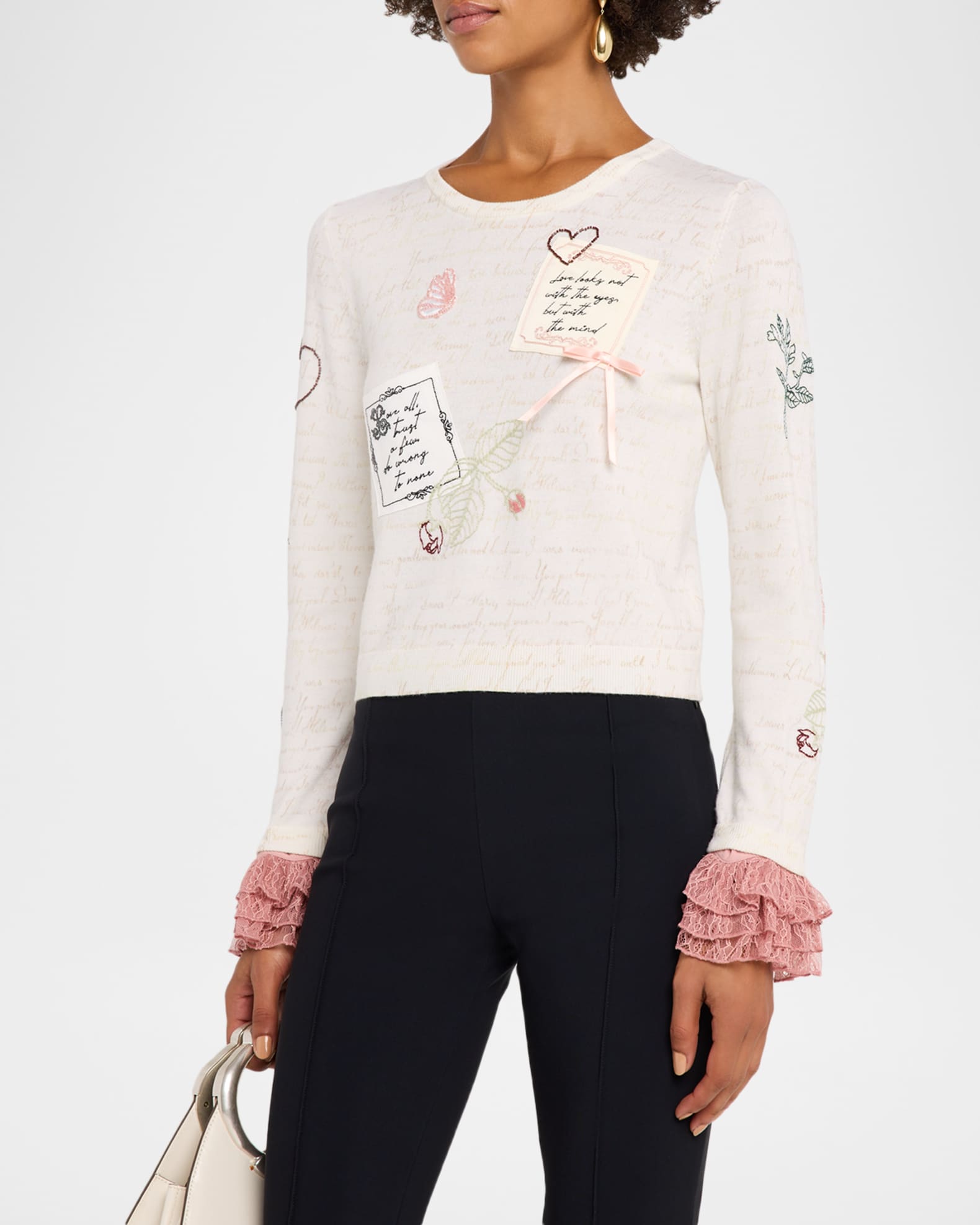 Alice + Olivia Carolann Script Embroidered Ruffle-Cuff Sweater