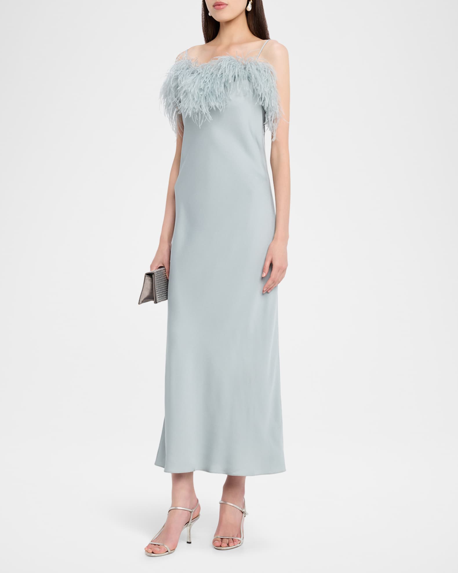 feather trim satin nighty slip dress A.L.C. Odette Feather-Trim Satin Slip Dress