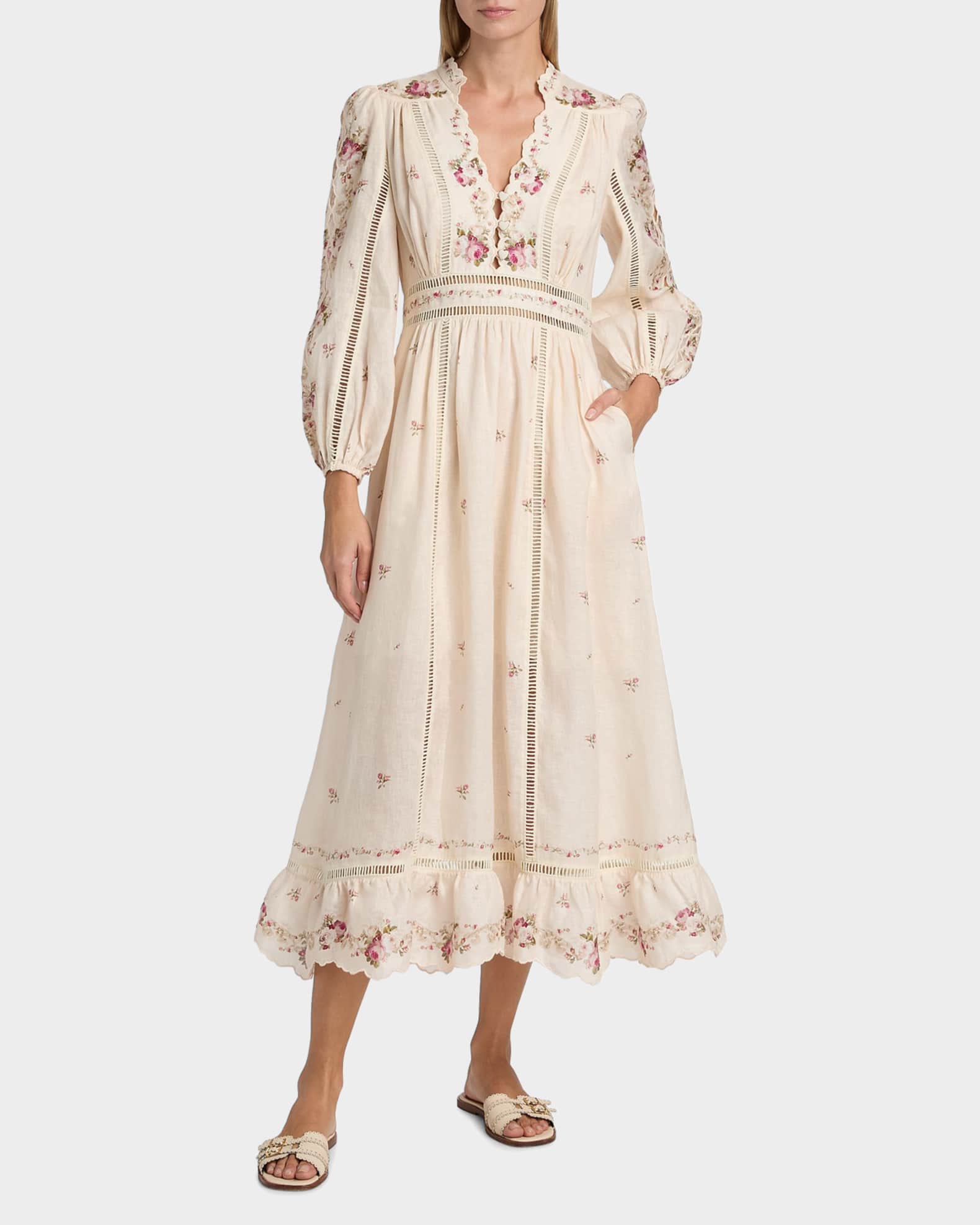 knee length dresses for ladies Zimmerman Linen Open Back Floral Midi Dress Multicolor