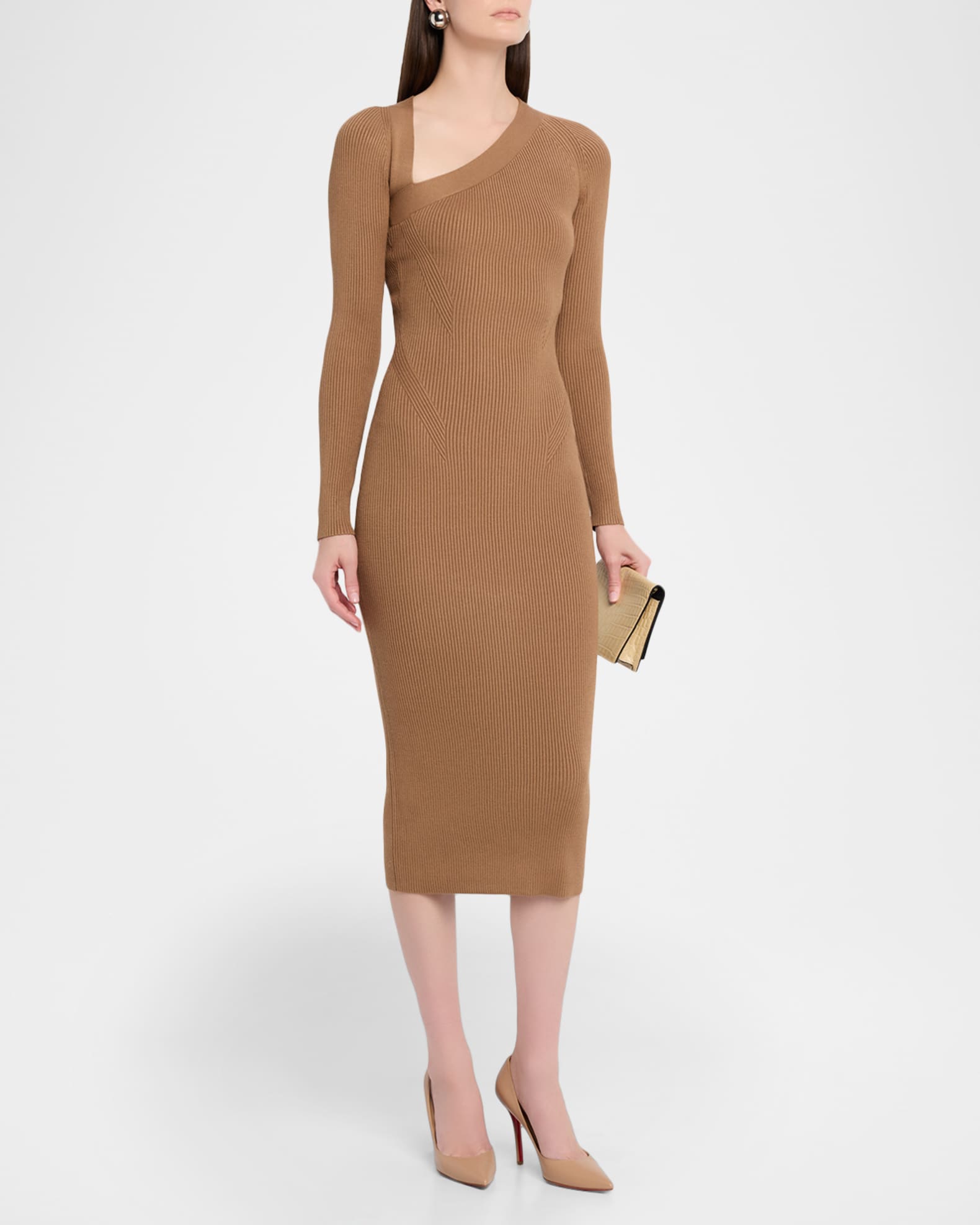 Reiss Zeta Asymmetric-Neck Rib-Knit Midi Dress | Neiman Marcus