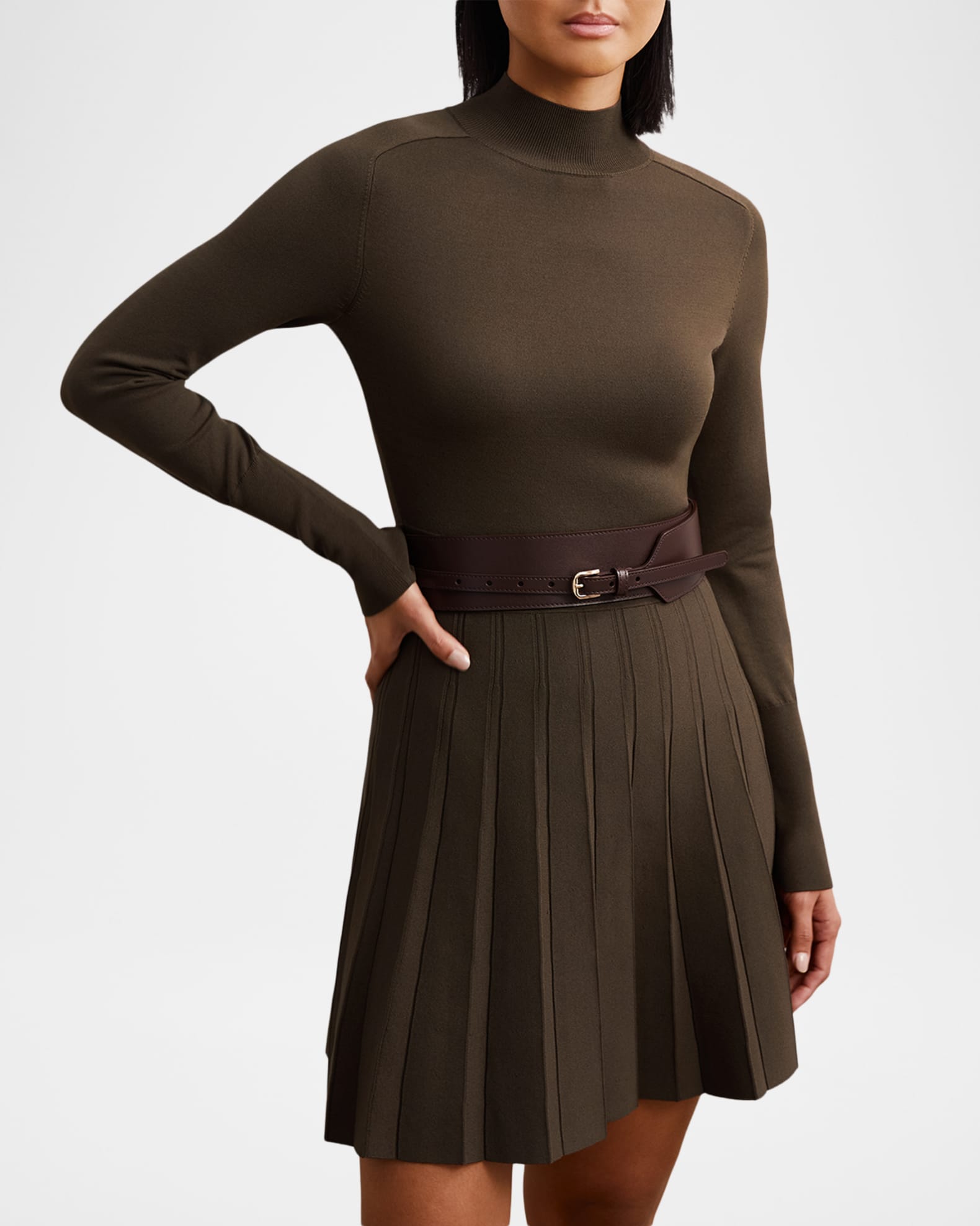 Reiss Lici Belted Knitted Skater Mini Dress | Neiman Marcus