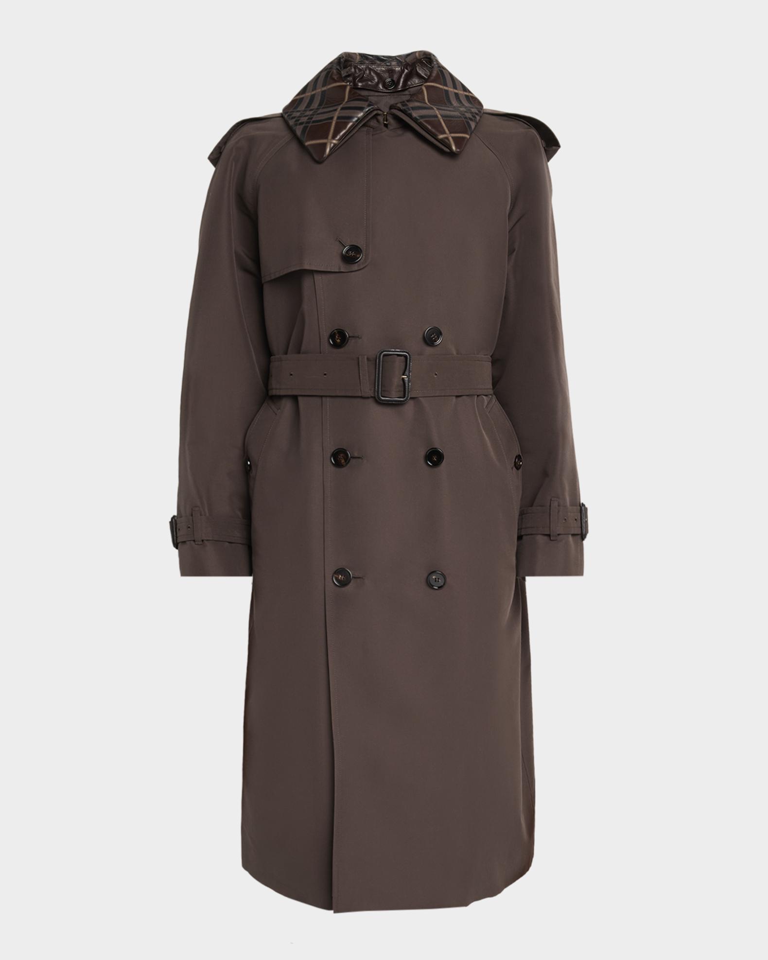 Burberry Men's Leather-Check Collar Silk and Cotton Trench Coat