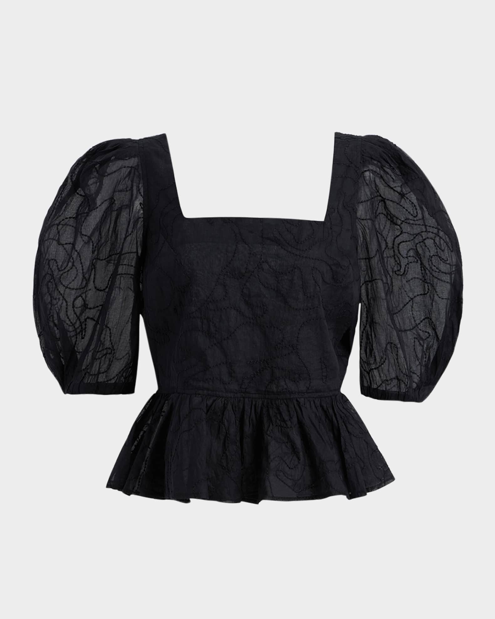 Marie Oliver Orla Embroidered Puff-Sleeve Peplum Top Neiman Marcus