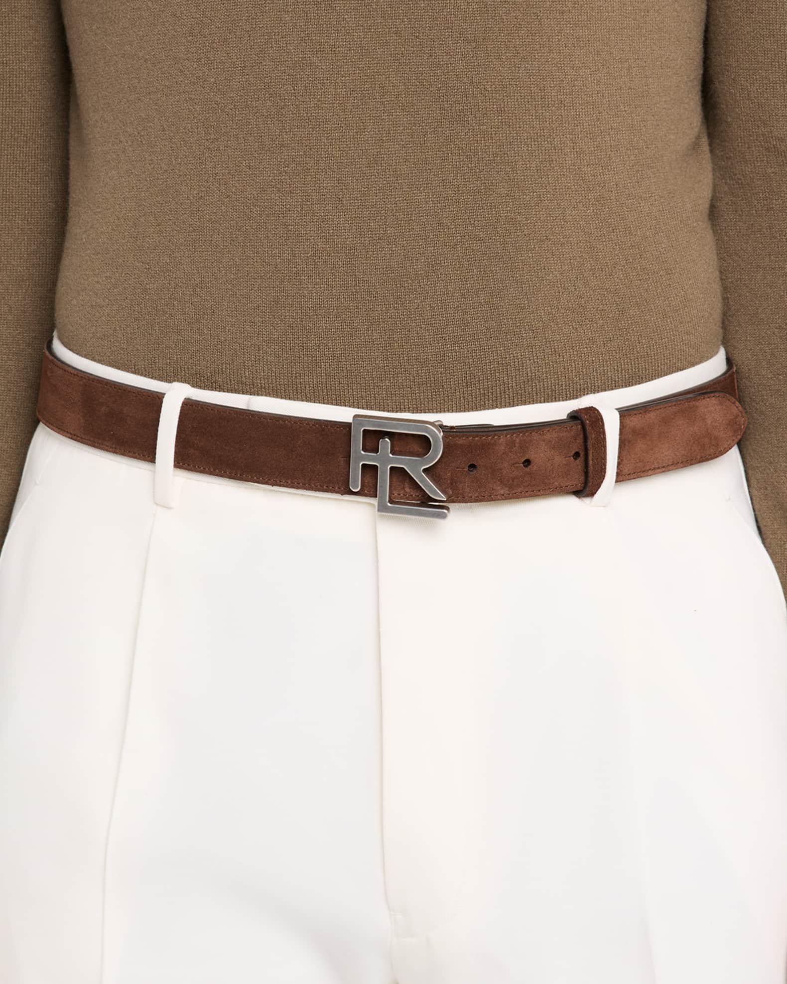 Ralph Lauren Purple Label Men's RL-Buckle Calf Suede Belt | Neiman