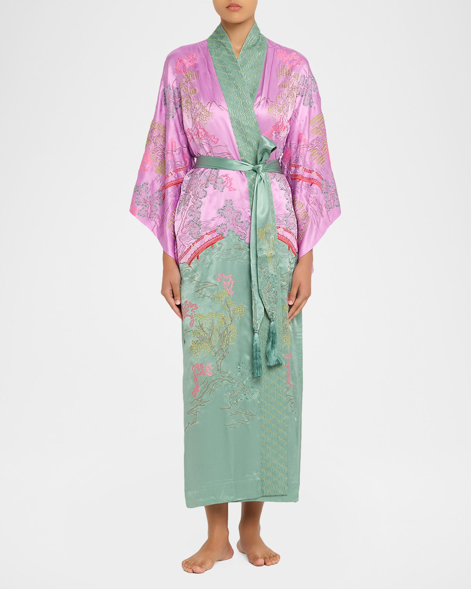 Natori Nara Embroidered Colorblock Silk Robe | Neiman Marcus