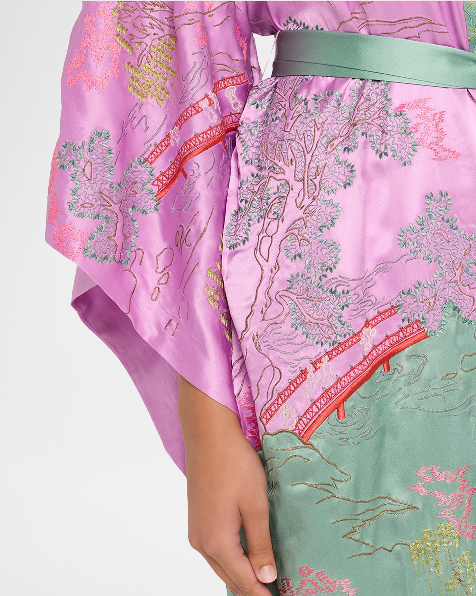 Natori Nara Embroidered Colorblock Silk Robe | Neiman Marcus